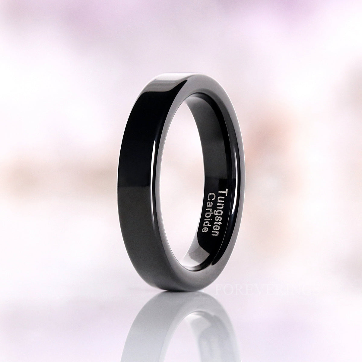 Thin Black Wedding Band – 2mm & 4mm Minimalist Tungsten Ring, Polished Flat Band for Men & Women, Ring Engraving