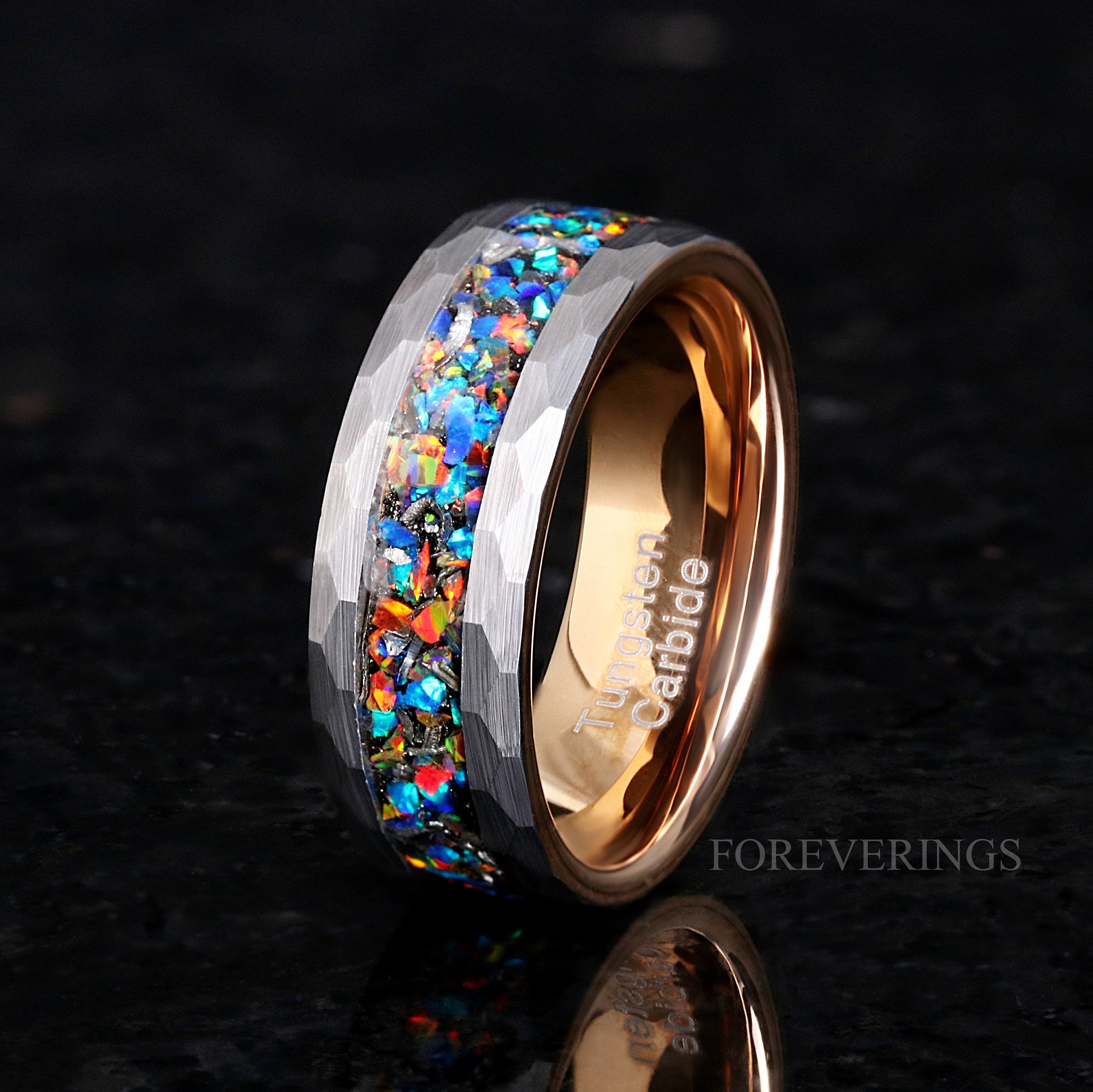 Hammered Meteorite Opal Ring, Mens Wedding Band, 8mm Brushed Tungsten, Real Meteorite and Galaxy Opal Ring, Silver Rose Gold Two Tone Band