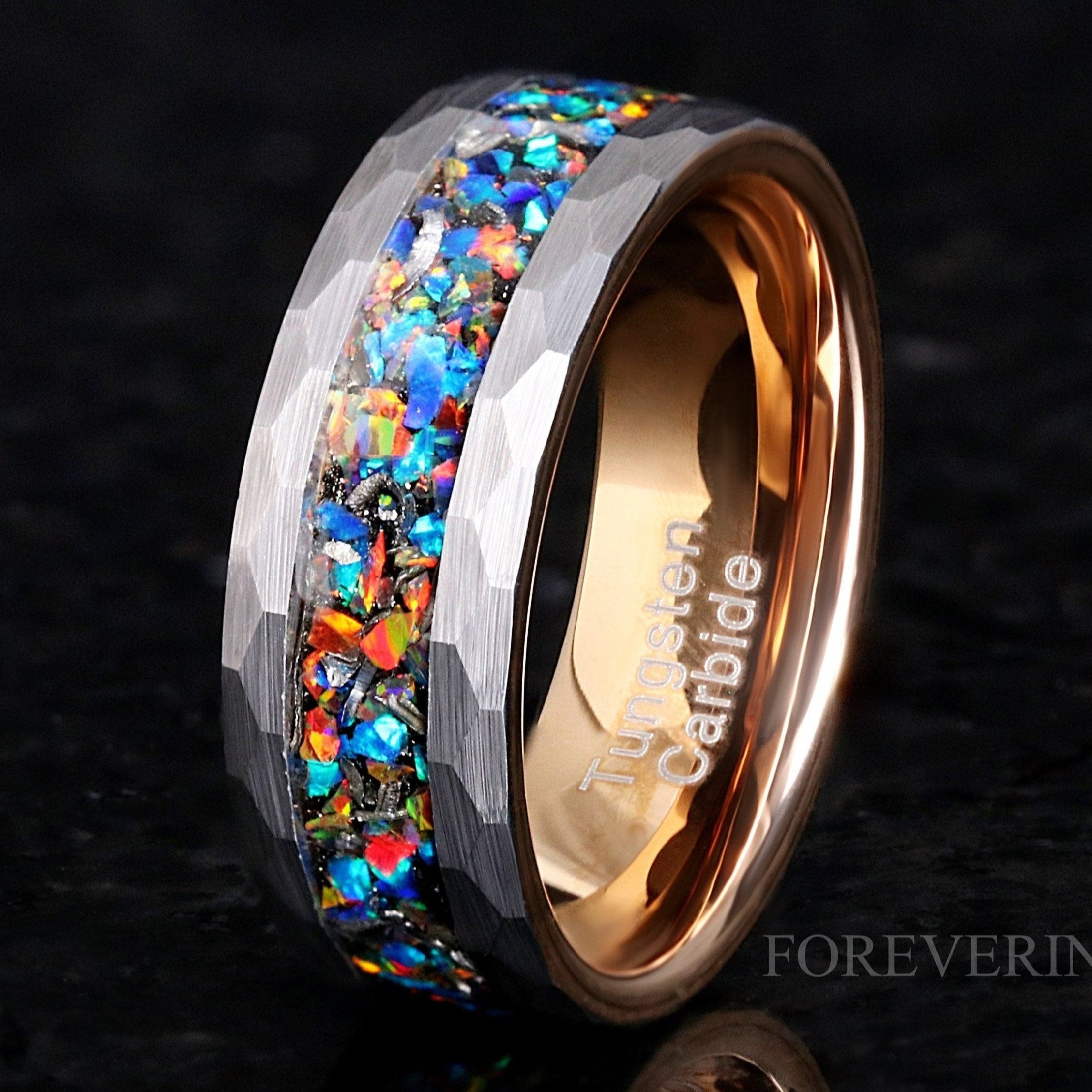 Hammered Meteorite Opal Ring, Mens Wedding Band, 8mm Brushed Tungsten, Real Meteorite and Galaxy Opal Ring, Silver Rose Gold Two Tone Band