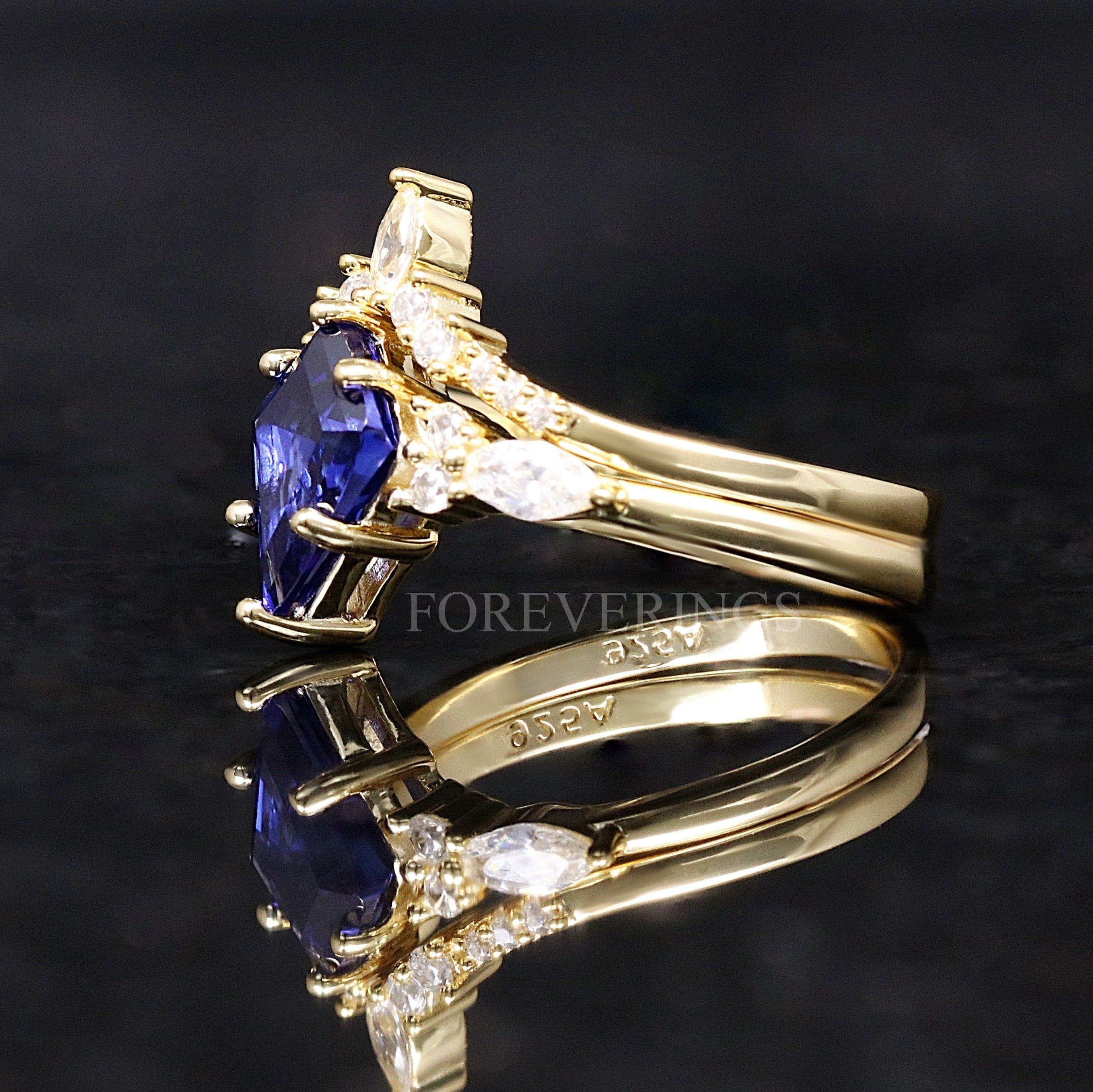 Orion Nebula Engagement Ring Set Gold, Kite Cut, 925 Sterling Silver, Yellow Gold, Blue Sapphire, Space Wedding Ring, Gift for Her