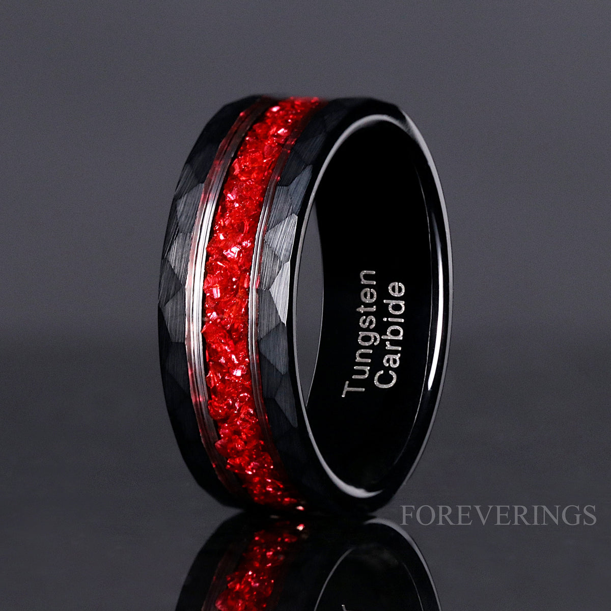 Ruby Red and Black Hammered Mens Ring, 8mm Tungsten Wedding Band, Crushed Red German Glass Stones, Matte Brush, Hammered Band, Ring Engrave