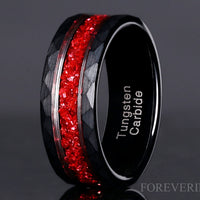 Ruby Red and Black Hammered Mens Ring, 8mm Tungsten Wedding Band, Crushed Red German Glass Stones, Matte Brush, Hammered Band, Ring Engrave