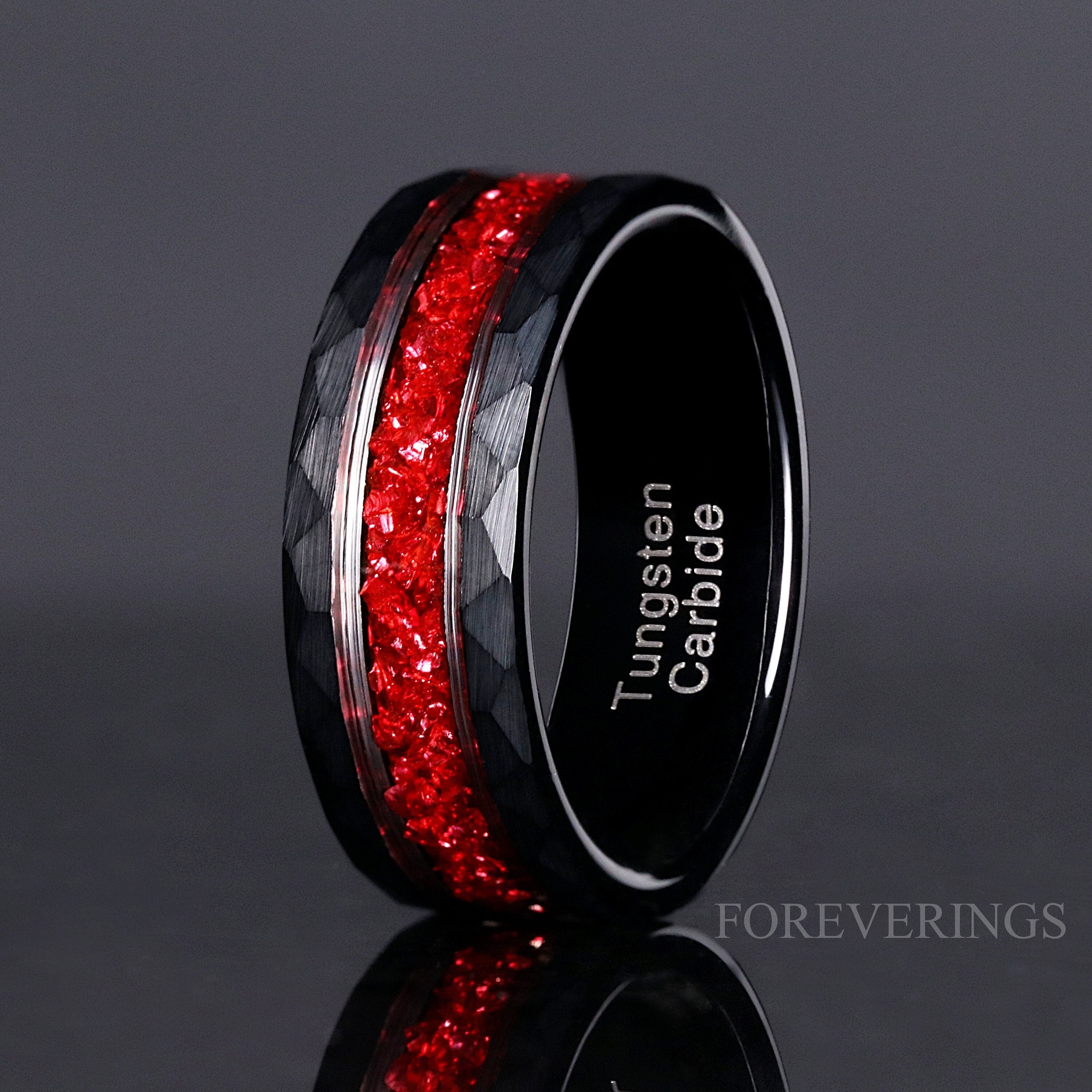 Ruby Red and Black Hammered Mens Ring, 8mm Tungsten Wedding Band, Crushed Red German Glass Stones, Matte Brush, Hammered Band, Ring Engrave