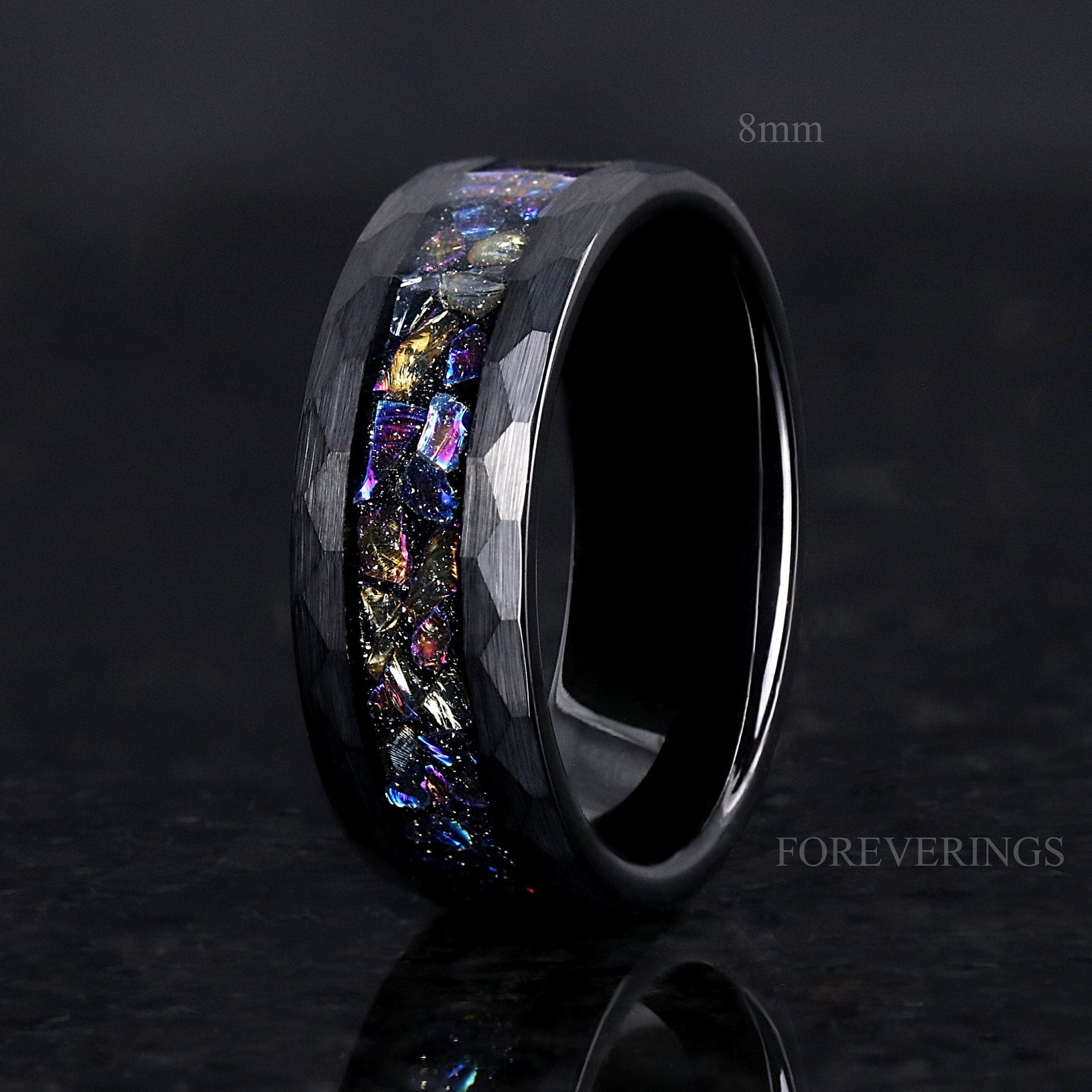 Veil Nebula Ring Black Hammered Tungsten Band, Witch's Broom, Outer Space Ring, 8mm-6mm-4mm Man Woman Wedding Band, Flat, Hammered, Brushed