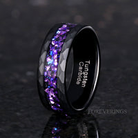 Alexandrite Ring Set, Crab Nebula, His and Her Wedding Bands, Black Hammered Tungsten Band, Purple Space Ring, Couples Engagement Ring Set