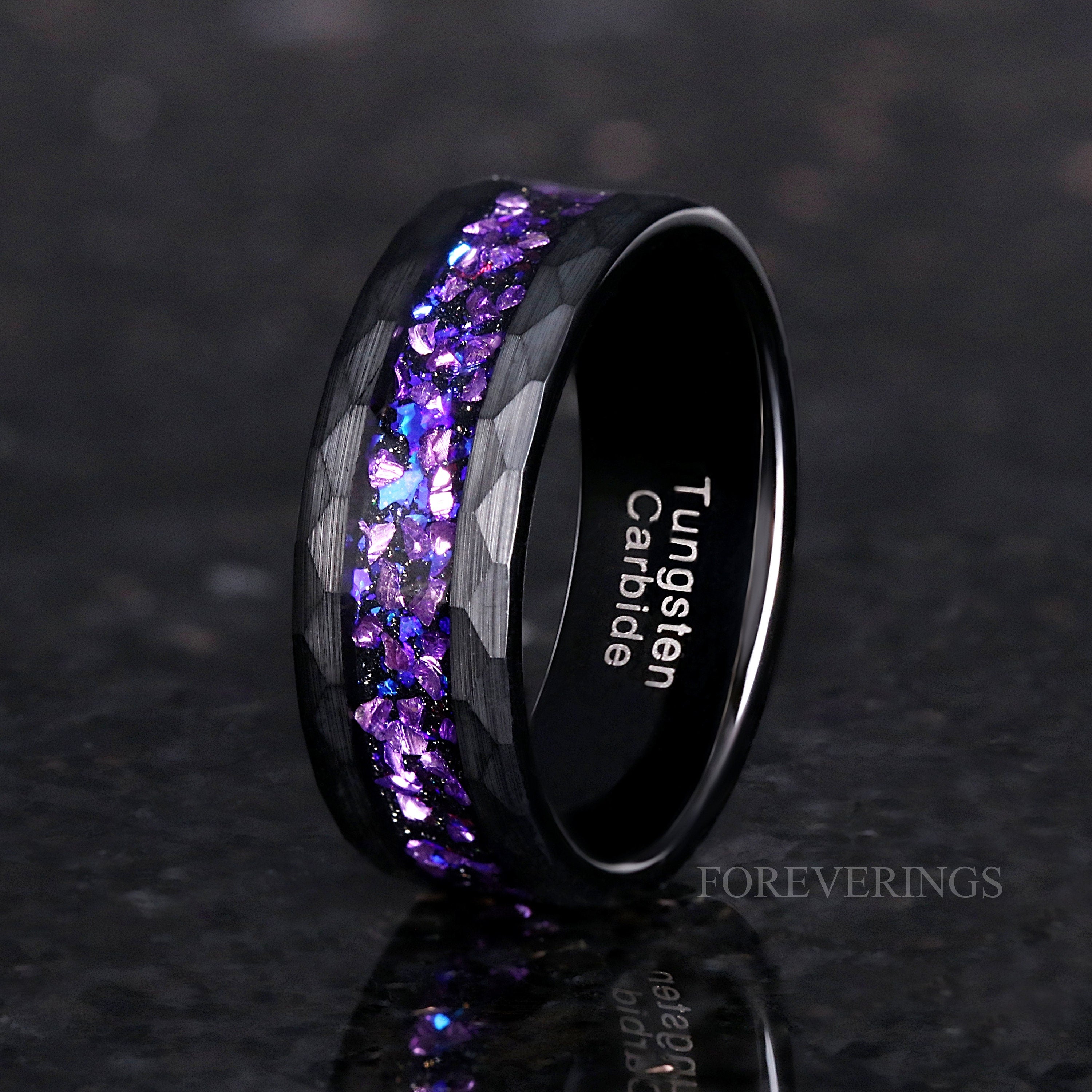 Alexandrite Ring Set, Crab Nebula, His and Her Wedding Bands, Black Hammered Tungsten Band, Purple Space Ring, Couples Engagement Ring Set