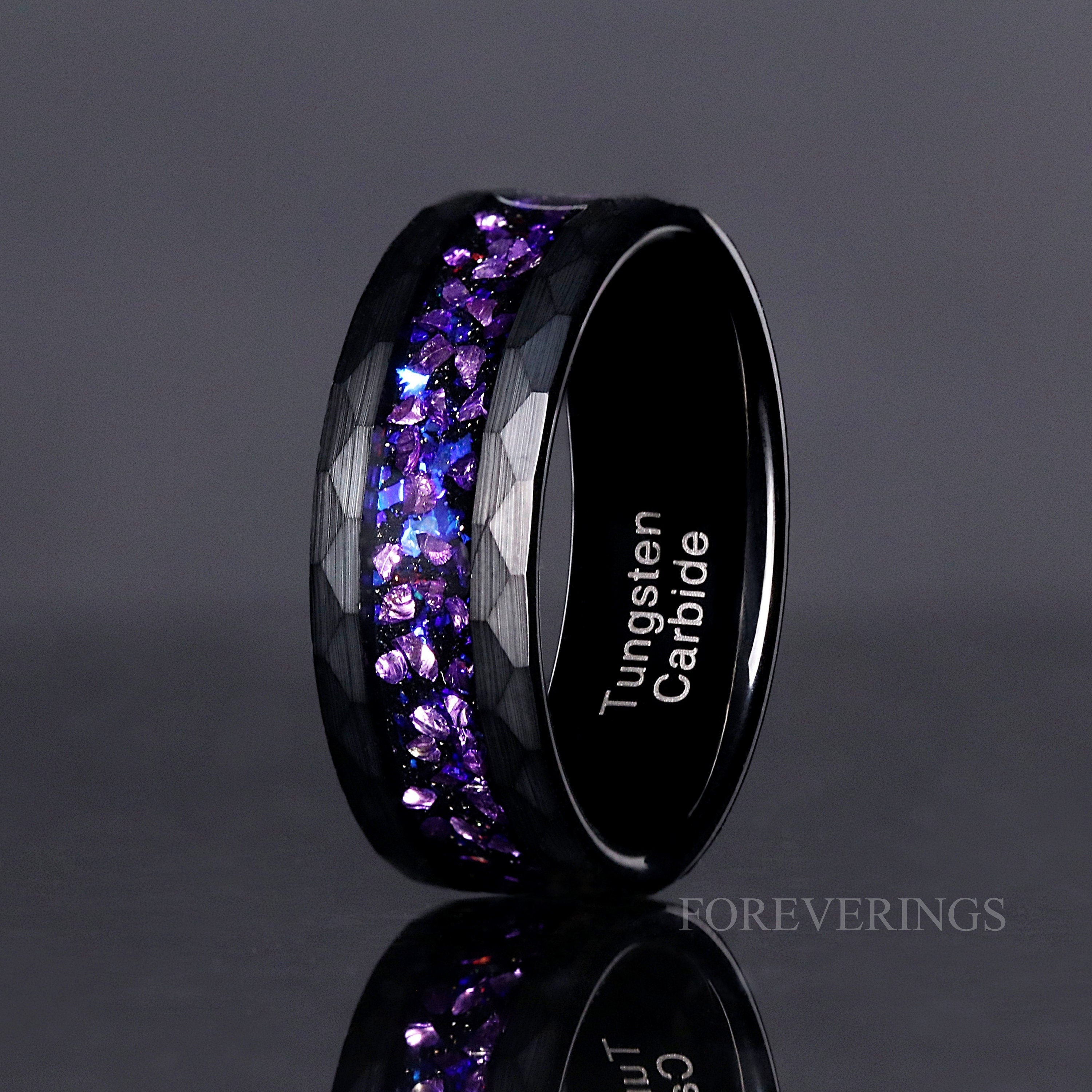 Alexandrite Ring Set, Crab Nebula, His and Her Wedding Bands, Black Hammered Tungsten Band, Purple Space Ring, Couples Engagement Ring Set