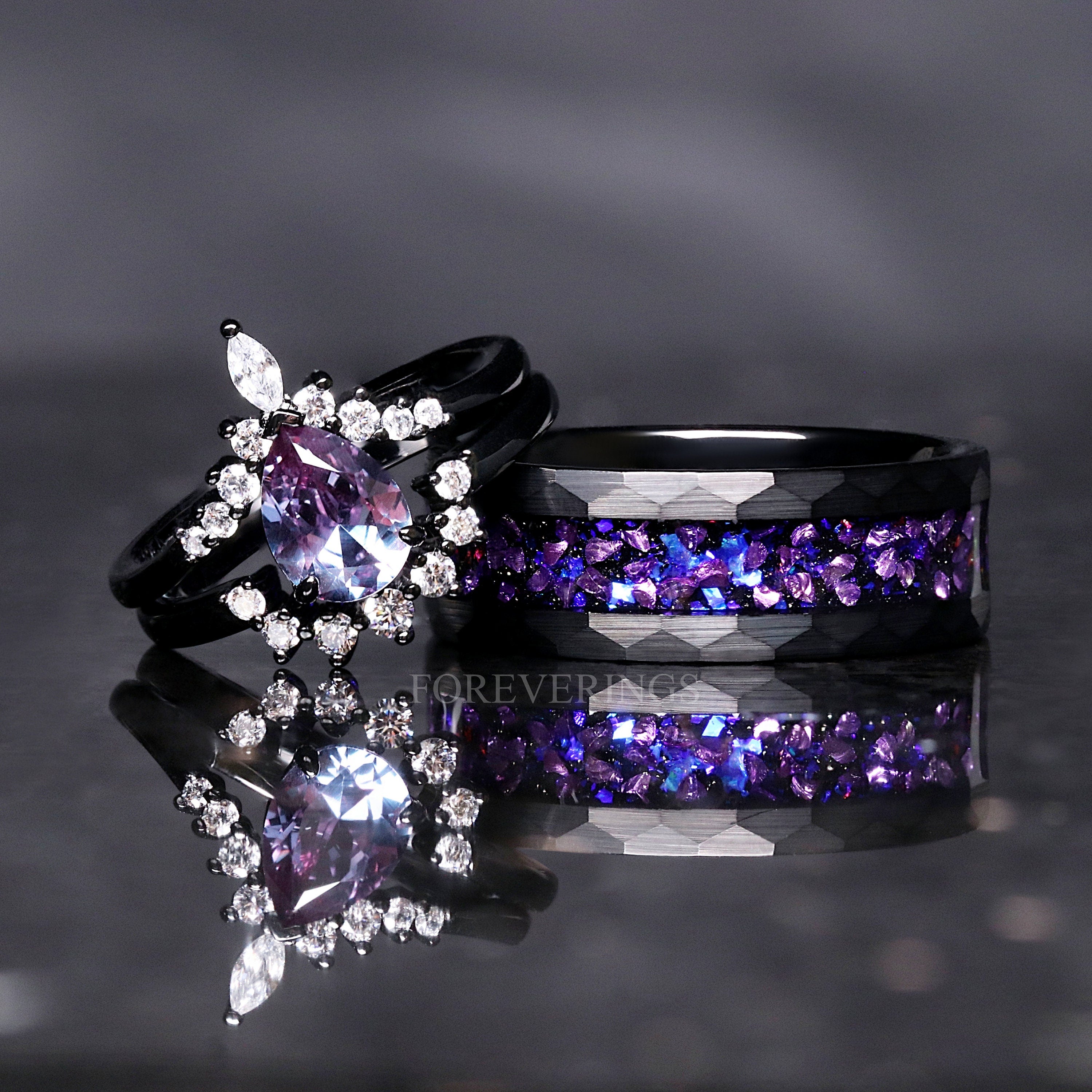 Alexandrite Ring Set, Crab Nebula, His and Her Wedding Bands, Black Hammered Tungsten Band, Purple Space Ring, Couples Engagement Ring Set