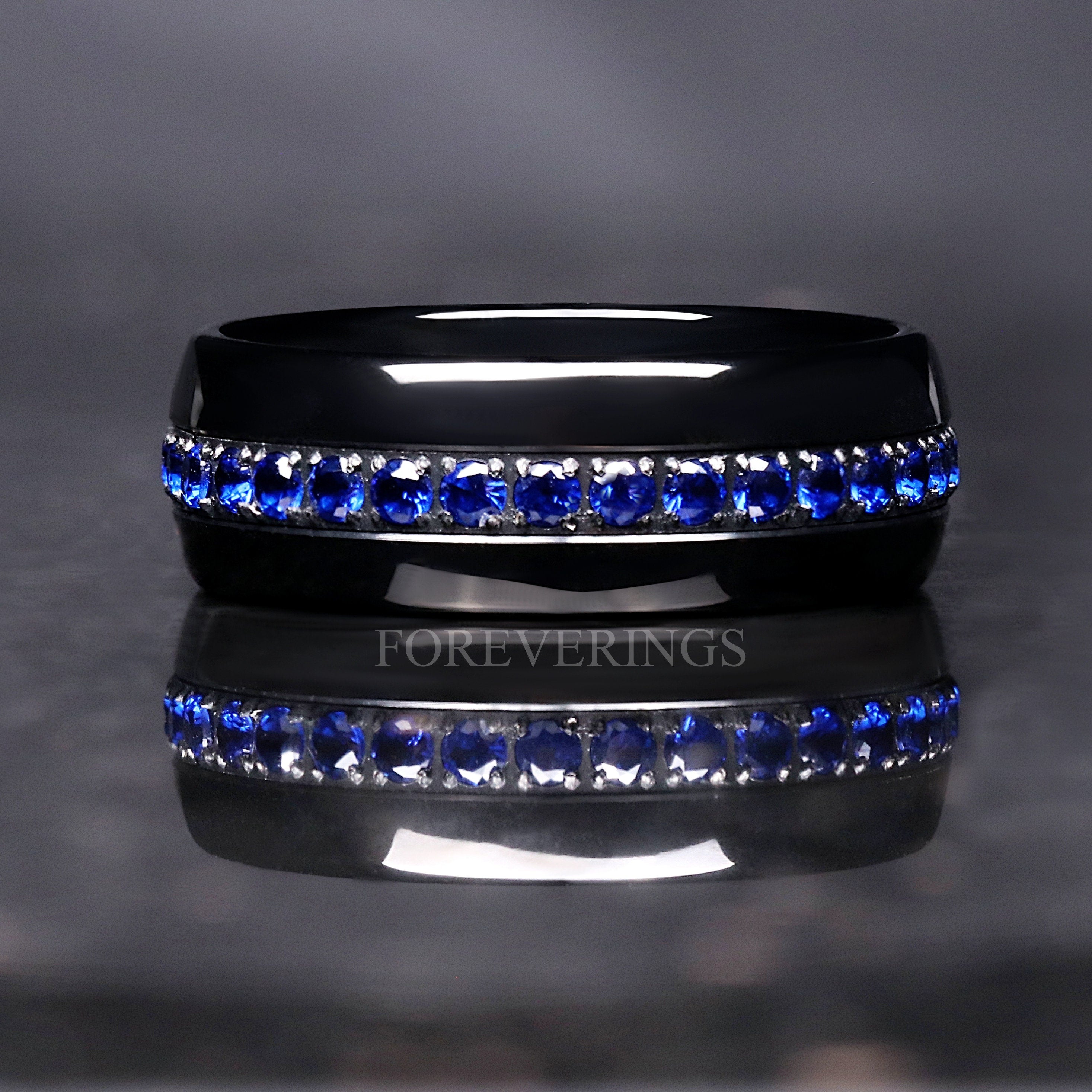 Black Sapphire Ring Set, His and Hers Wedding Band, Blue Sapphire Engagement Set, Couples Ring, Matching Promise Rings, Thin Blue Strip