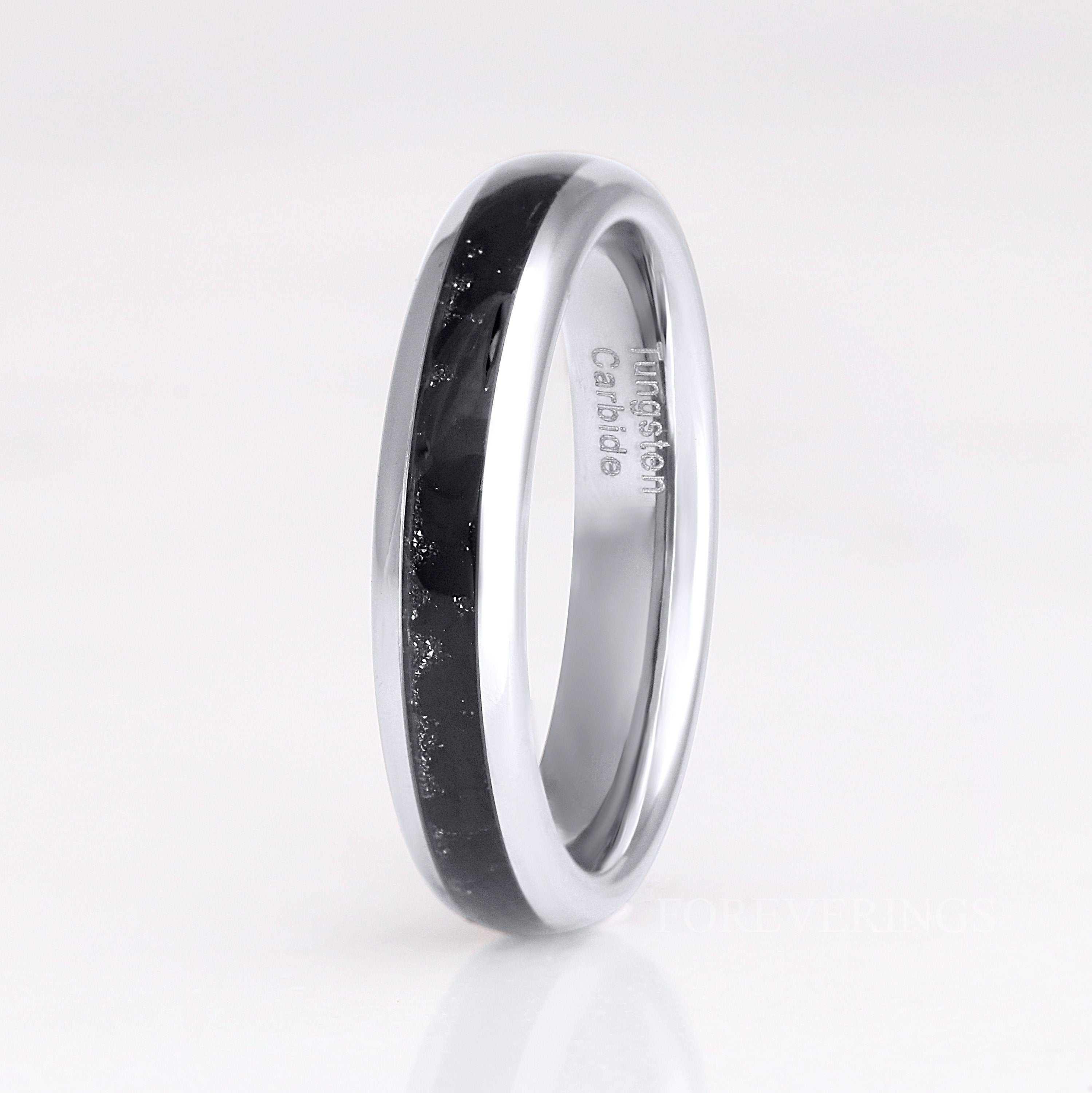 His and Hers Tungsten Wedding Band, Crushed Black Onyx Ring, 8mm & 4mm Silver Ring Set, Couples Ring, Polish, Dome, Comfort Fit