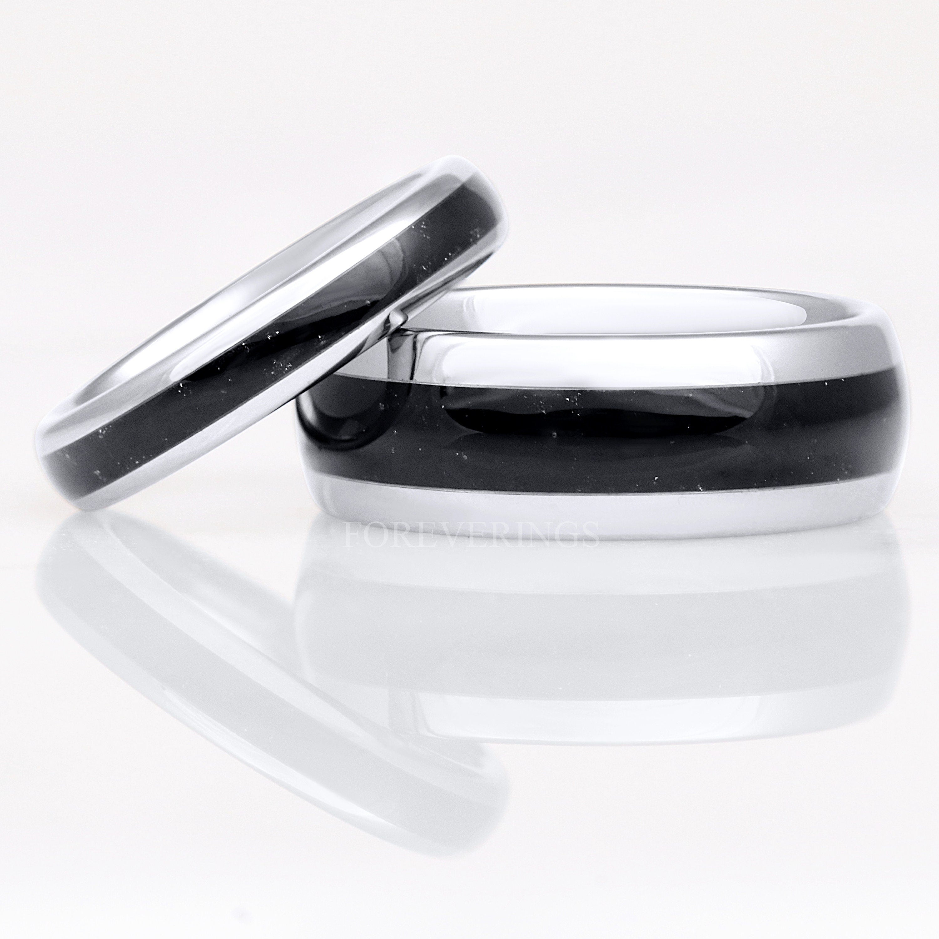 His and Hers Tungsten Wedding Band, Crushed Black Onyx Ring, 8mm & 4mm Silver Ring Set, Couples Ring, Polish, Dome, Comfort Fit