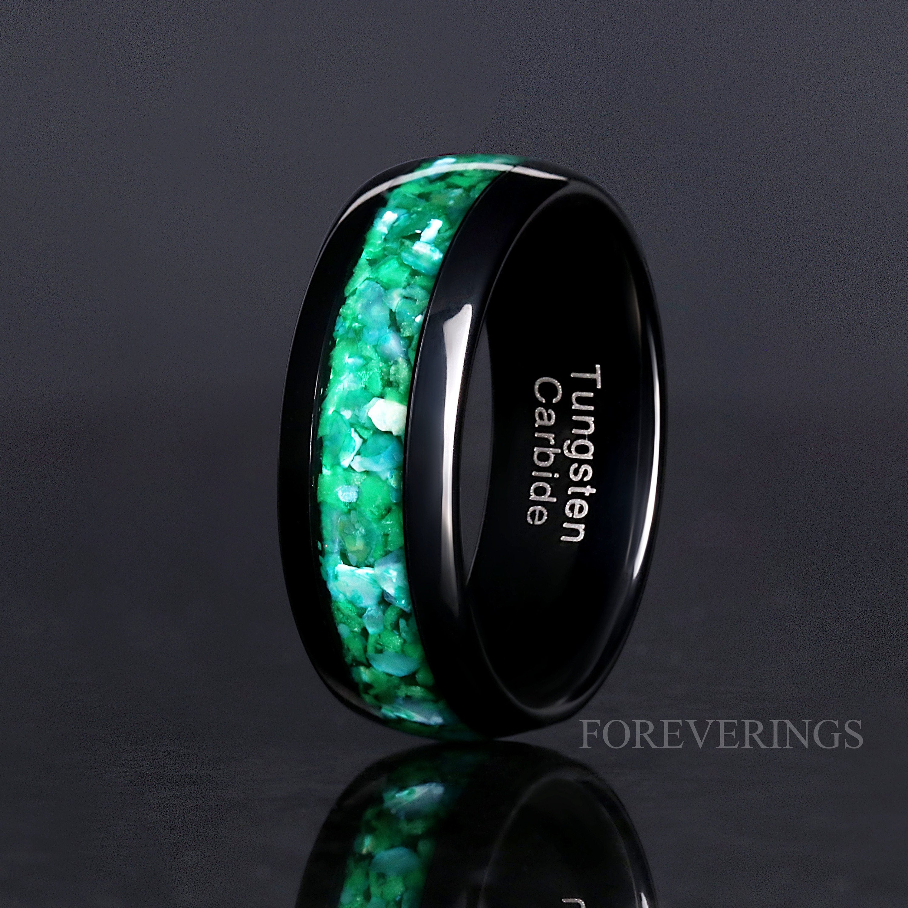 Green Glow in the Dark Man Ring, Black Tungsten Ring, 8mm Mens Wedding Band, Polish Smooth, Unique Ring for Him, Ring Engraving