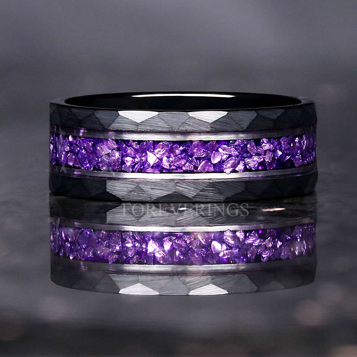 Men's Amethyst Ring – Purple & Black Hammered Tungsten Wedding Band, Comfort Fit, Unique Anniversary Gift