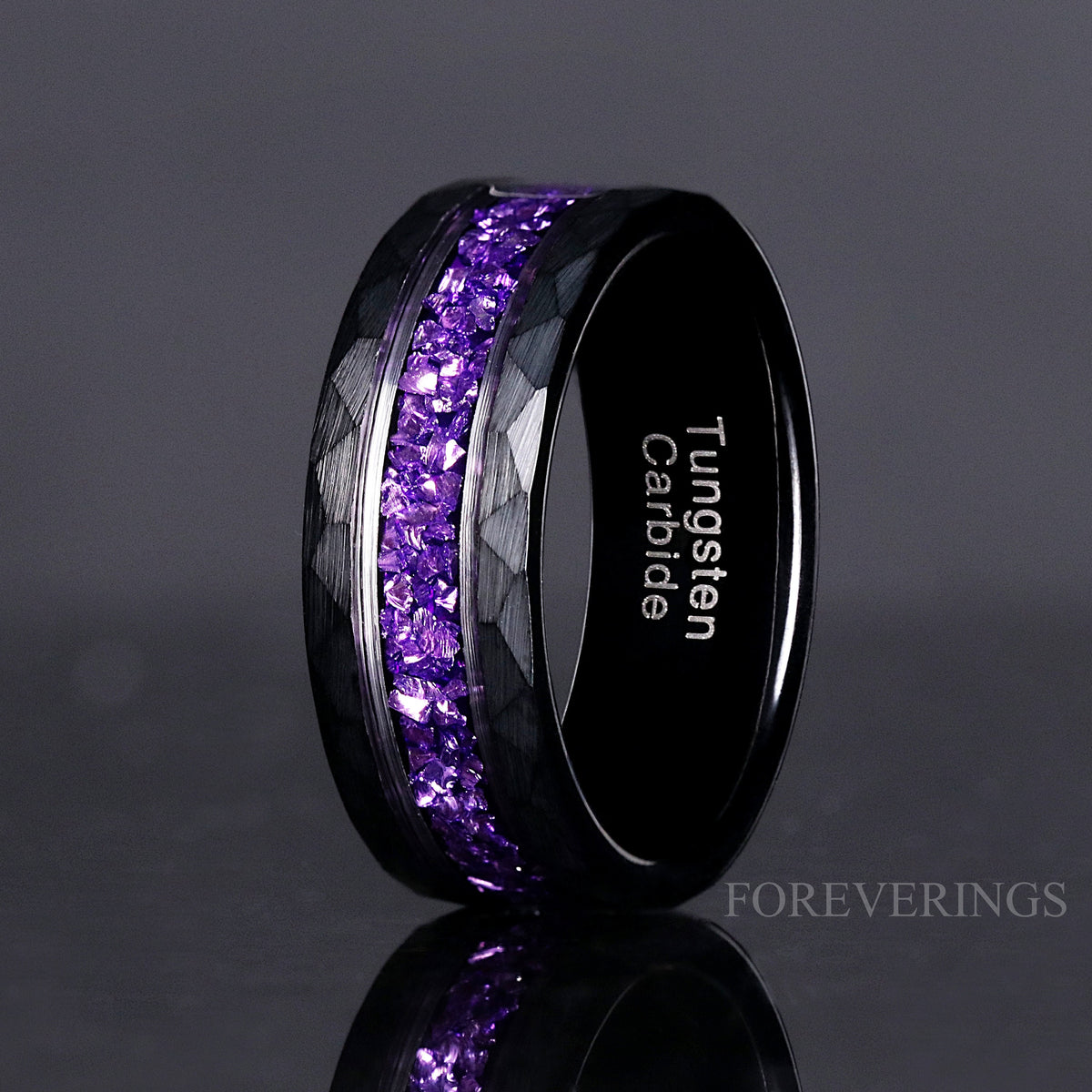 Men's Amethyst Ring – Purple & Black Hammered Tungsten Wedding Band, Comfort Fit, Unique Anniversary Gift