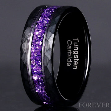 Amethyst Ring for Men – Purple Wedding Band, Black Hammered Tungsten Ring, Durable Comfort Fit Men’s Wedding Band, Unique Anniversary Gift