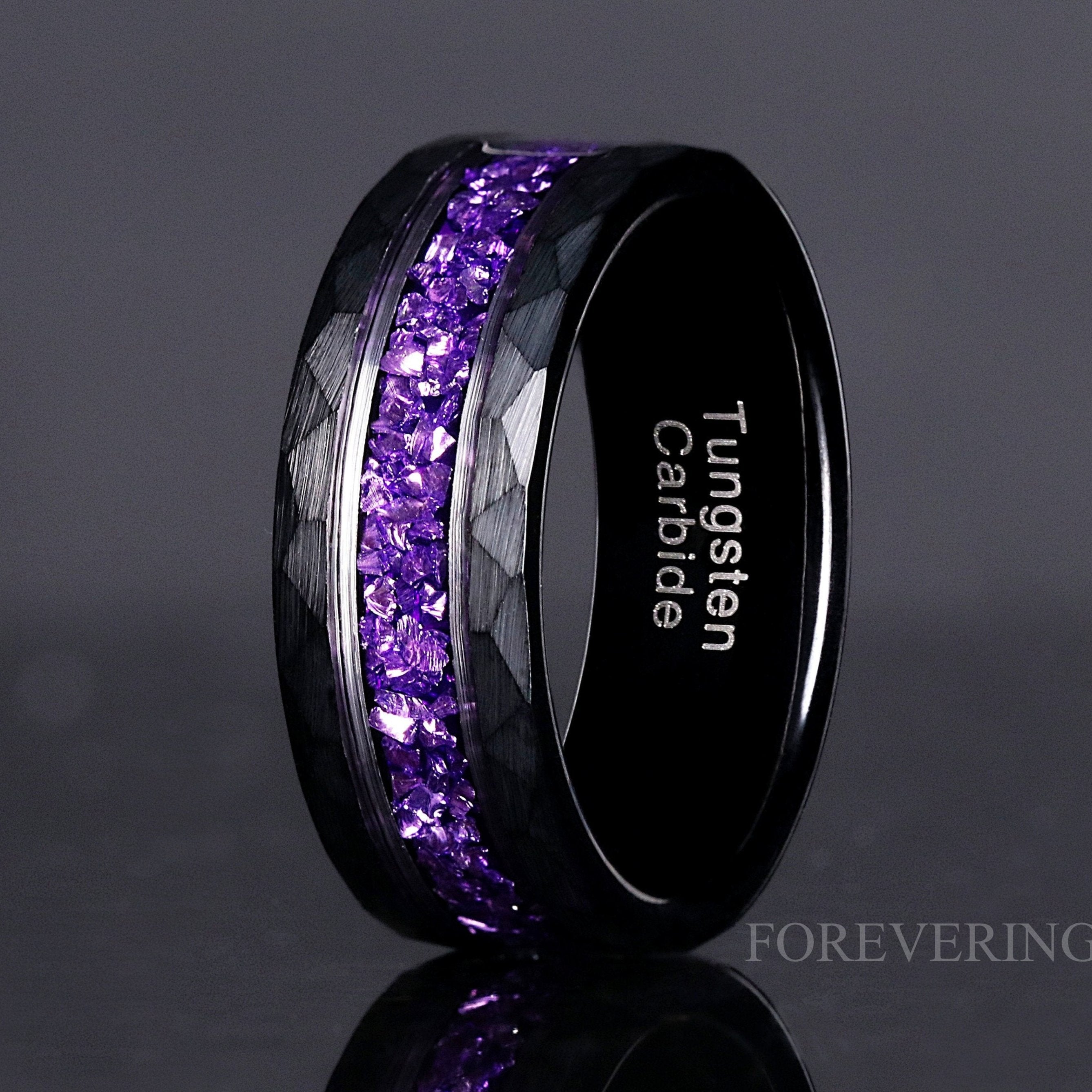 Alexandrite Ring Men, Purple Wedding Band, Hammered, Color Changing Band, Black Tungsten Ring, Hammered Mens Wedding Band, Personalized Gift