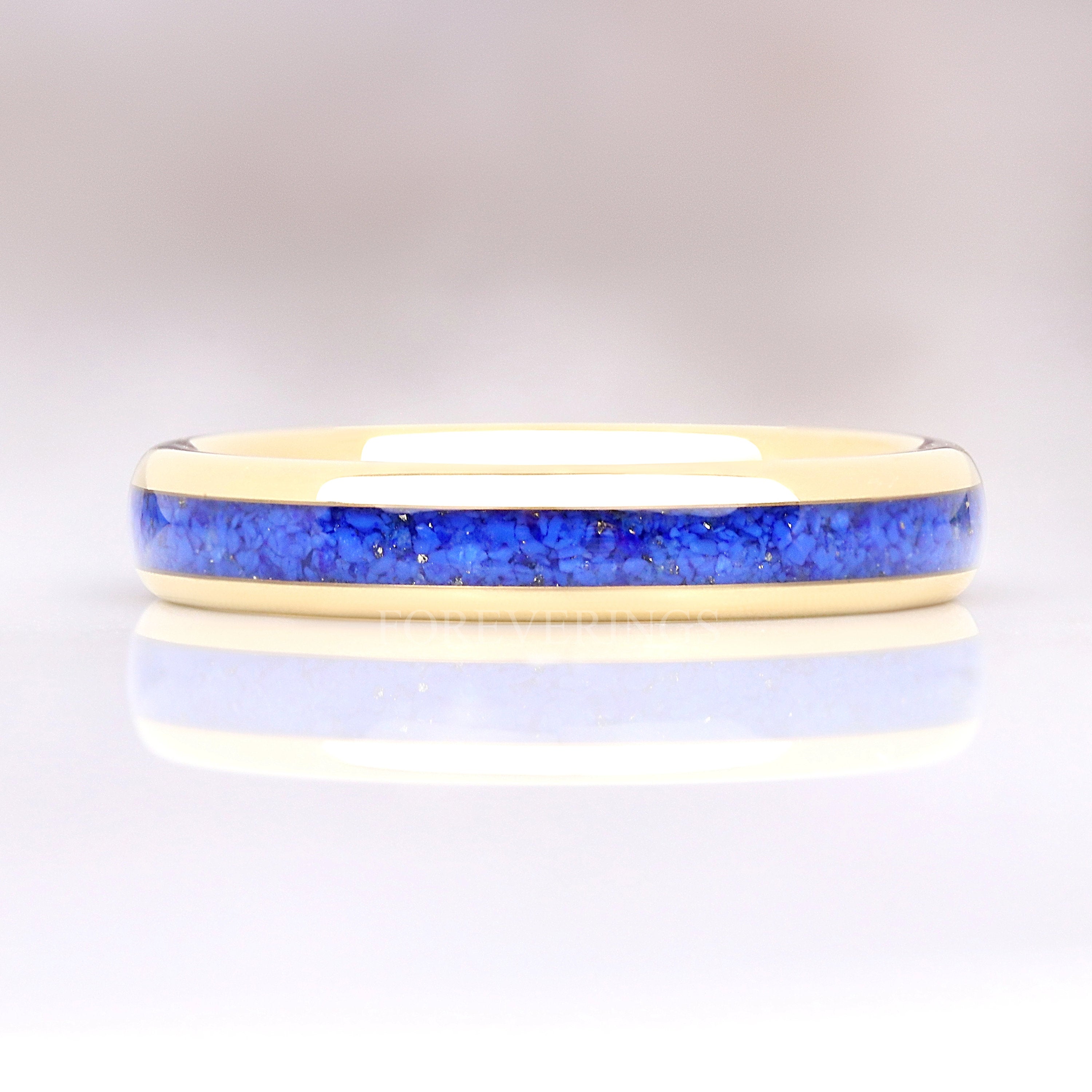 Gold Lapis Lazuli Ring, 4mm Tungsten Wedding Band, Celestial Blue Lapis Ring, Mens Womens Band, Polished, Dome, Unique Custom Engraved Ring