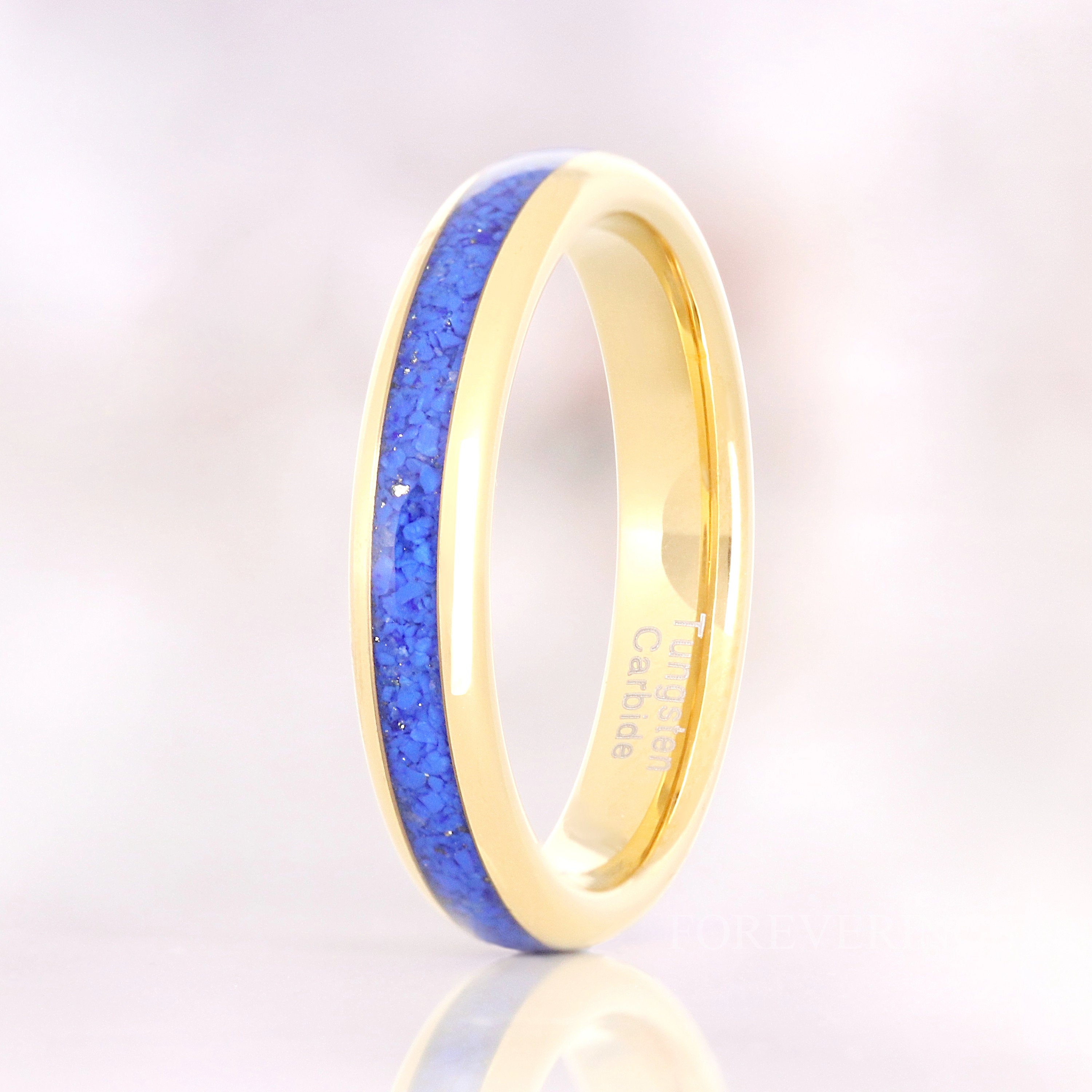 Gold Lapis Lazuli Ring, 4mm Tungsten Wedding Band, Celestial Blue Lapis Ring, Mens Womens Band, Polished, Dome, Unique Custom Engraved Ring