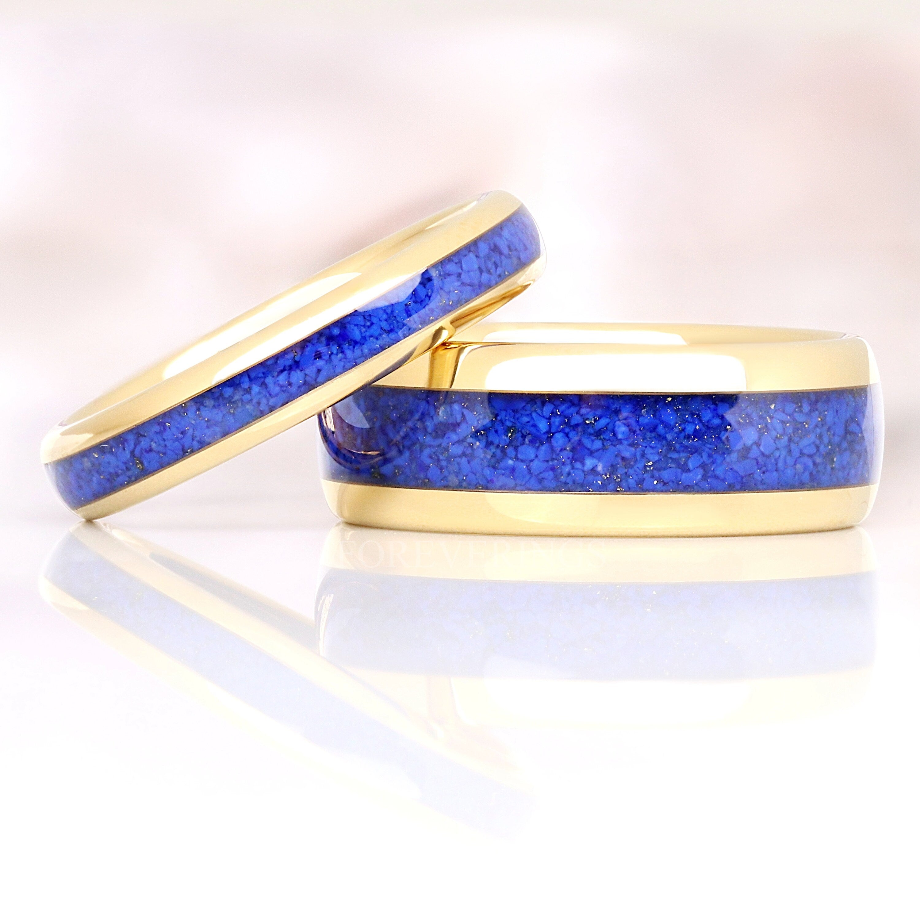 Gold Lapis Lazuli Ring Set, His and Hers Wedding Band, 8mm & 4mm Gold Tungsten Ring Set, Matching Couples Ring, Gold and Blue Lapis Ring