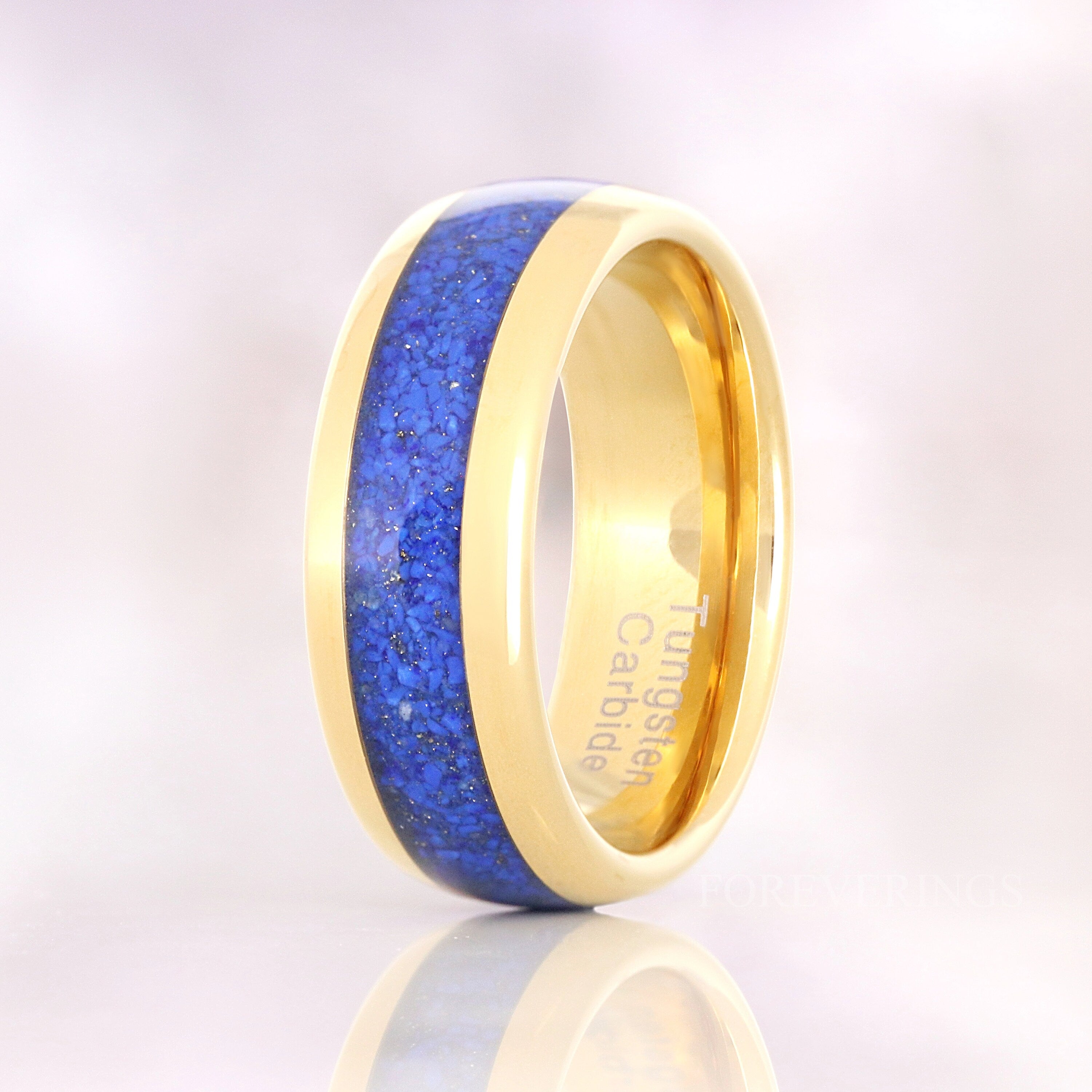 Gold Lapis Lazuli Ring Set, His and Hers Wedding Band, 8mm & 4mm Gold Tungsten Ring Set, Matching Couples Ring, Gold and Blue Lapis Ring