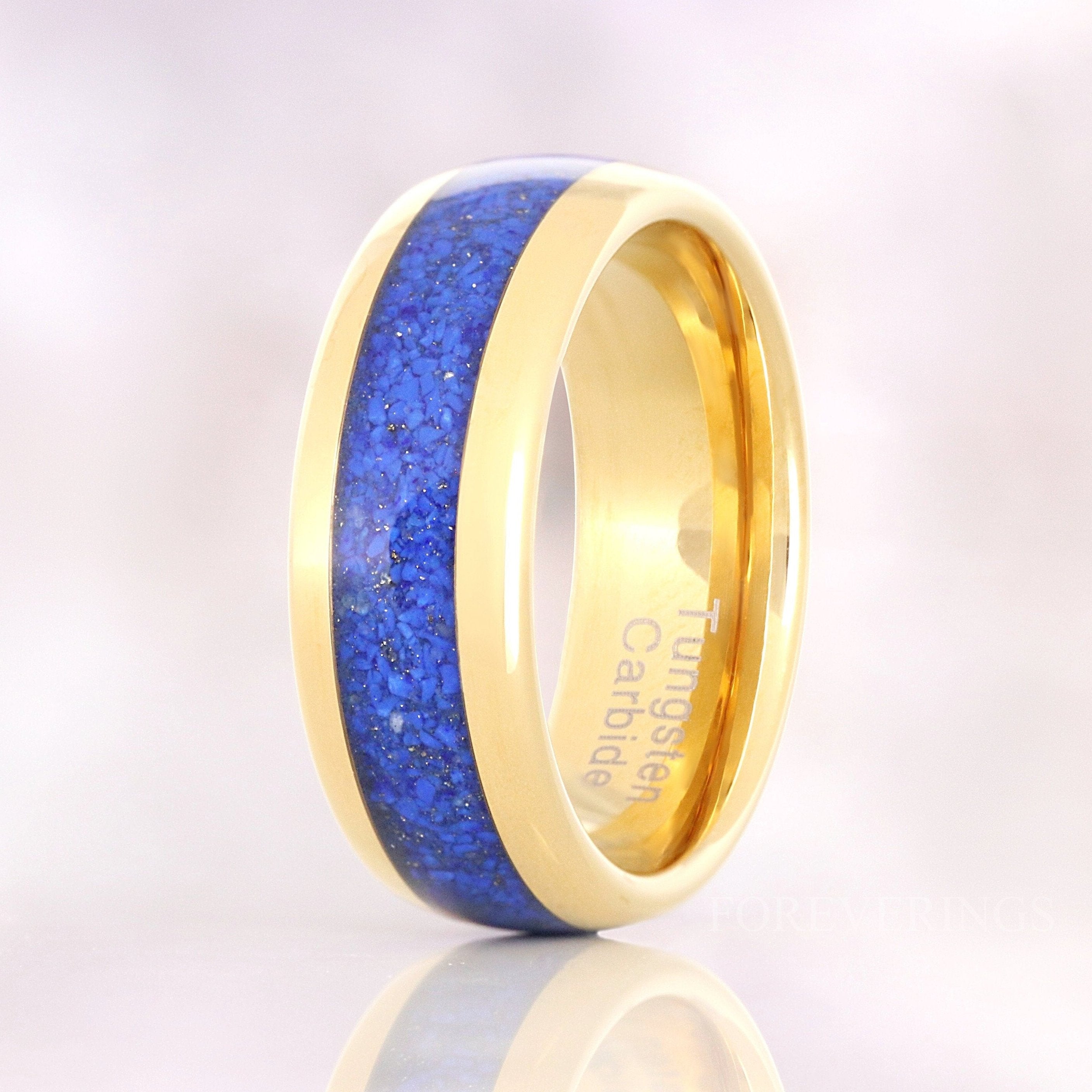 Lapis Lazuli Ring Gold Wedding Band, 8mm Man Tungsten Ring, Blue and Gold Promise Ring, Man Engagement Ring, Unique Band, Ring Engraving