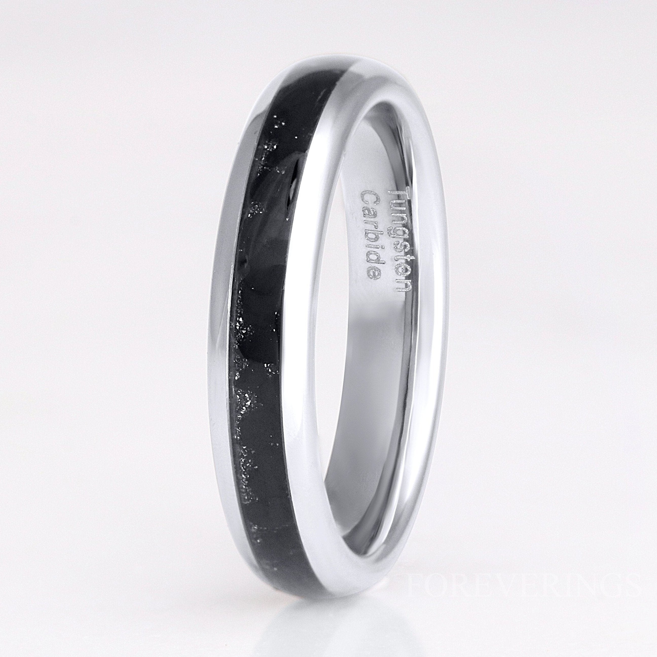 Black Onyx Silver Tungsten Ring, 4mm Mens Womens Wedding Band, Crushed Black Onyx Ring, Dome, Polish, Unique Band, Ring Engraving