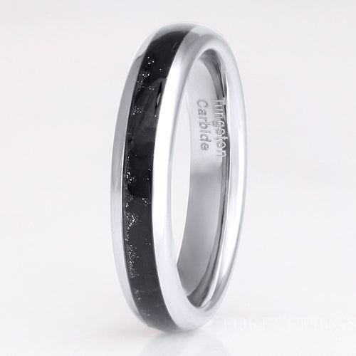 4mm silver tungsten ring with black onyx inlay standing upright, polished dome, close view
