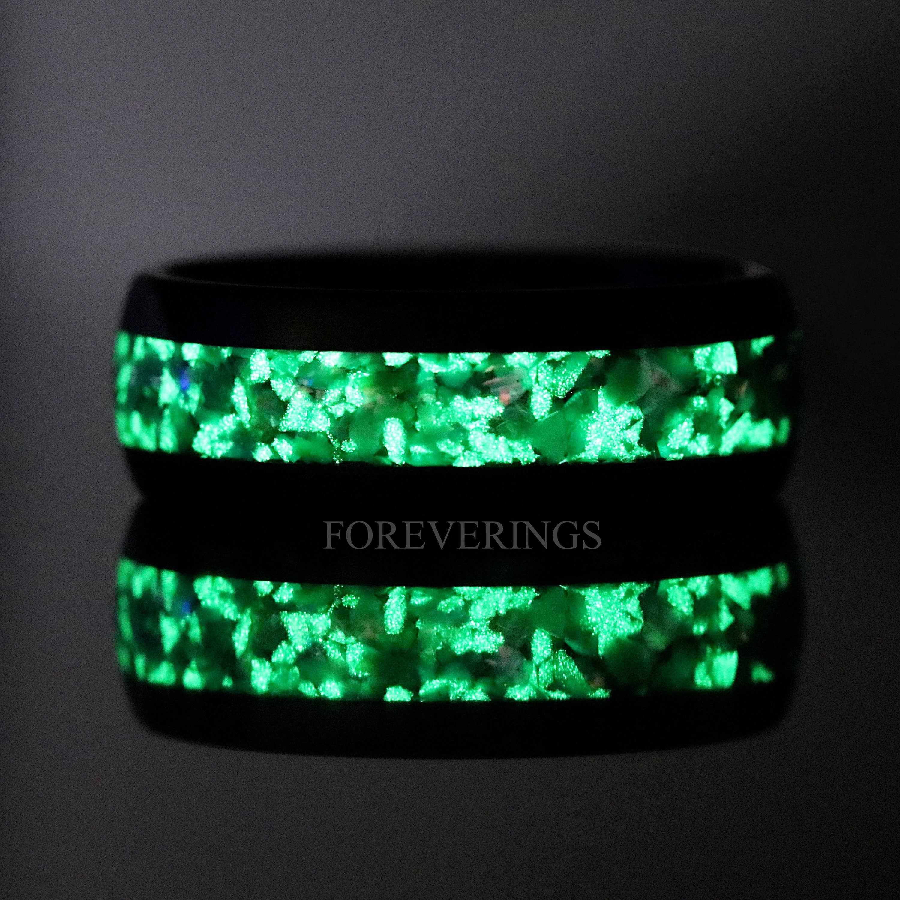 Green Glow in the Dark Man Ring, Black Tungsten Ring, 8mm Mens Wedding Band, Polish Smooth, Unique Ring for Him, Ring Engraving