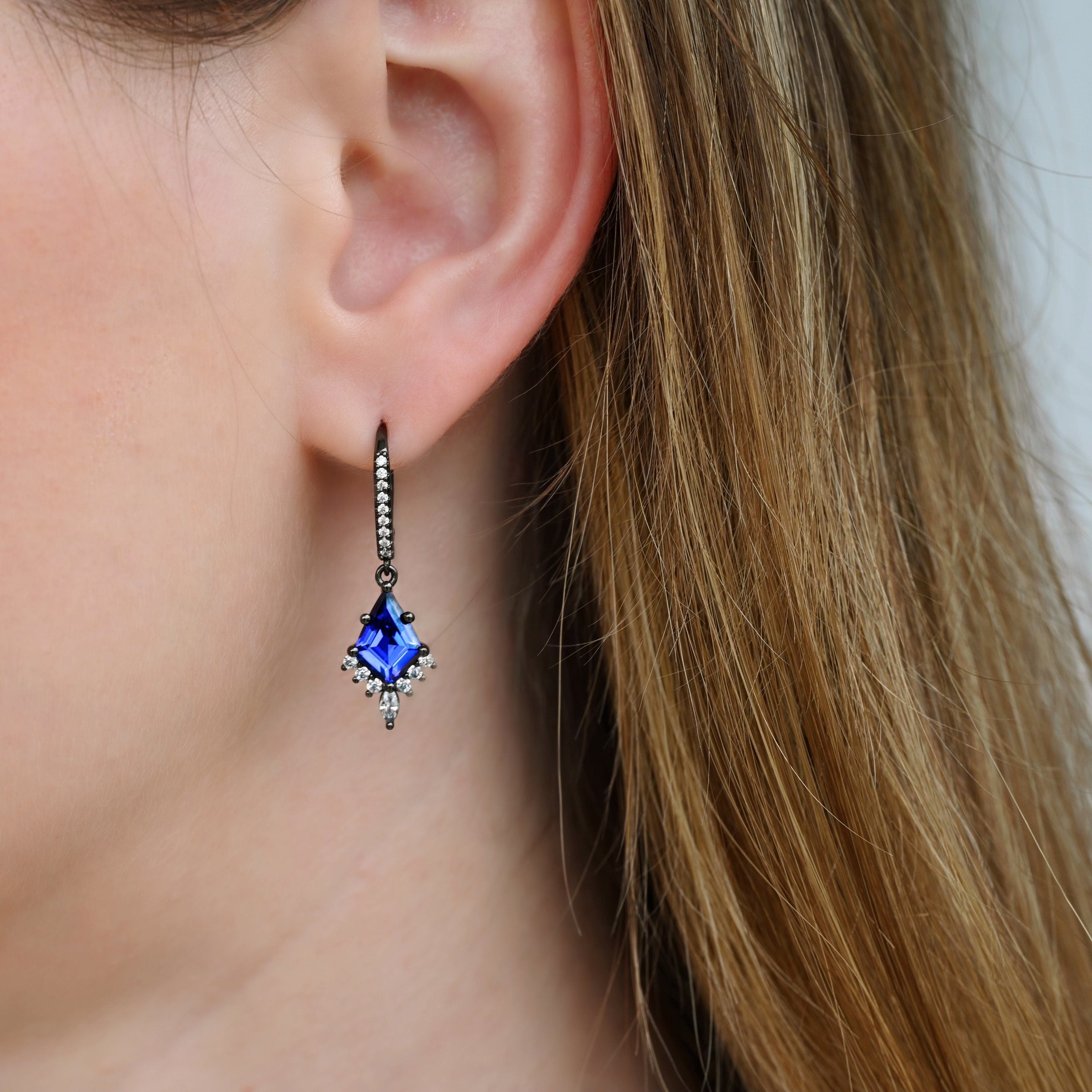 Orion Nebula Earrings Black, Dangle Drop, Black Rhodium Outer Space Earrings, 925 Sterling Silver, Blue Sapphire Galaxy Earrings