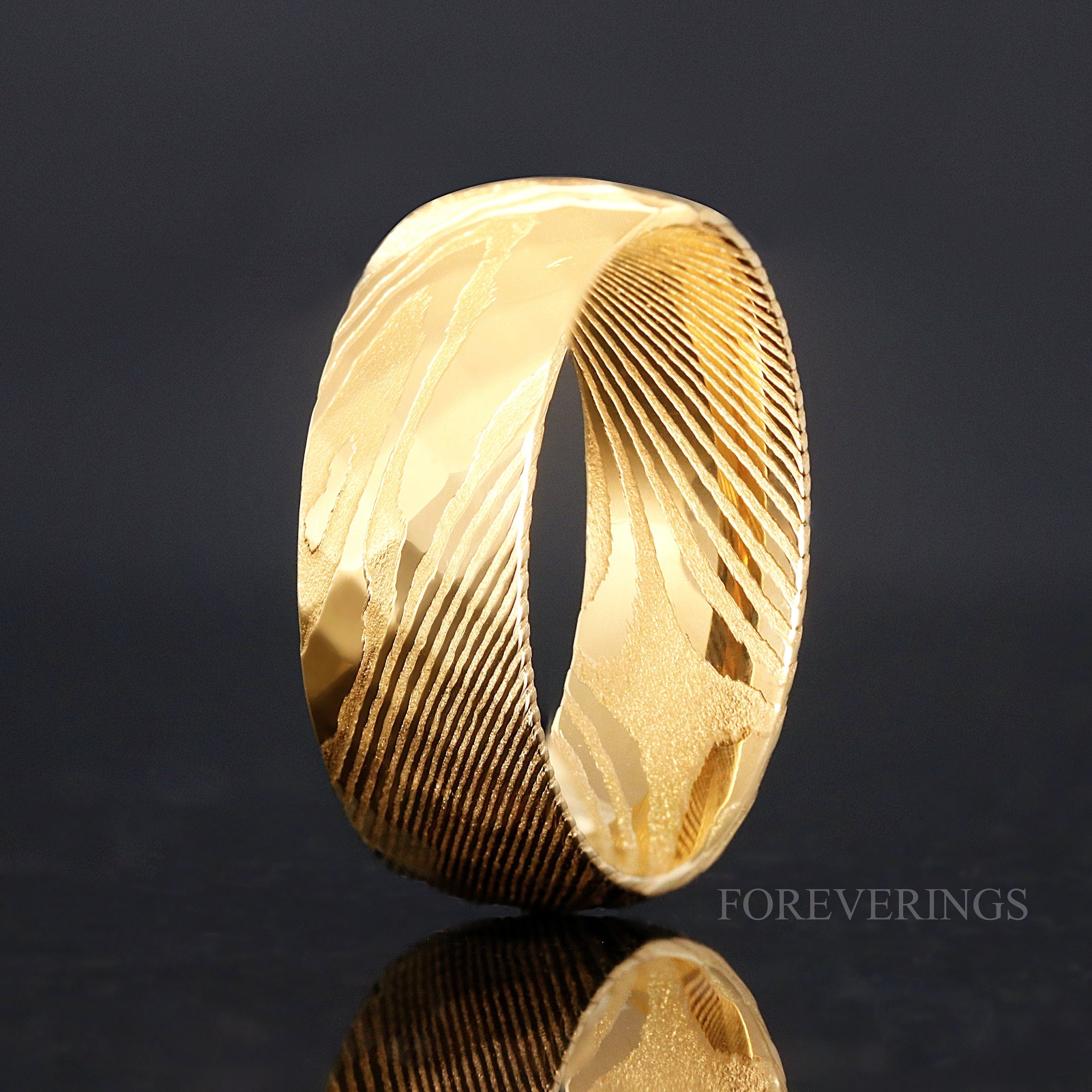 Gold Damascus Steel Band, Hammer Man Wedding Ring, 8mm, Polish, Dome, Unique Ring for Him, Man Engagement Ring, Yellow Gold, Ring Engraving