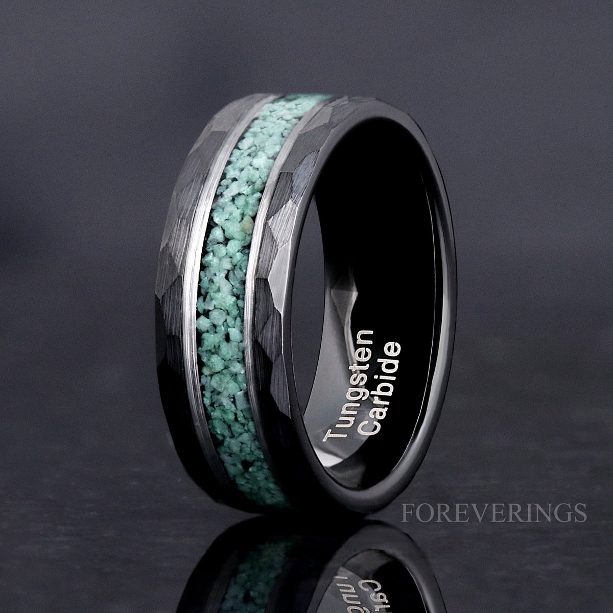 Matching black nature-inspired couples rings with moss agate