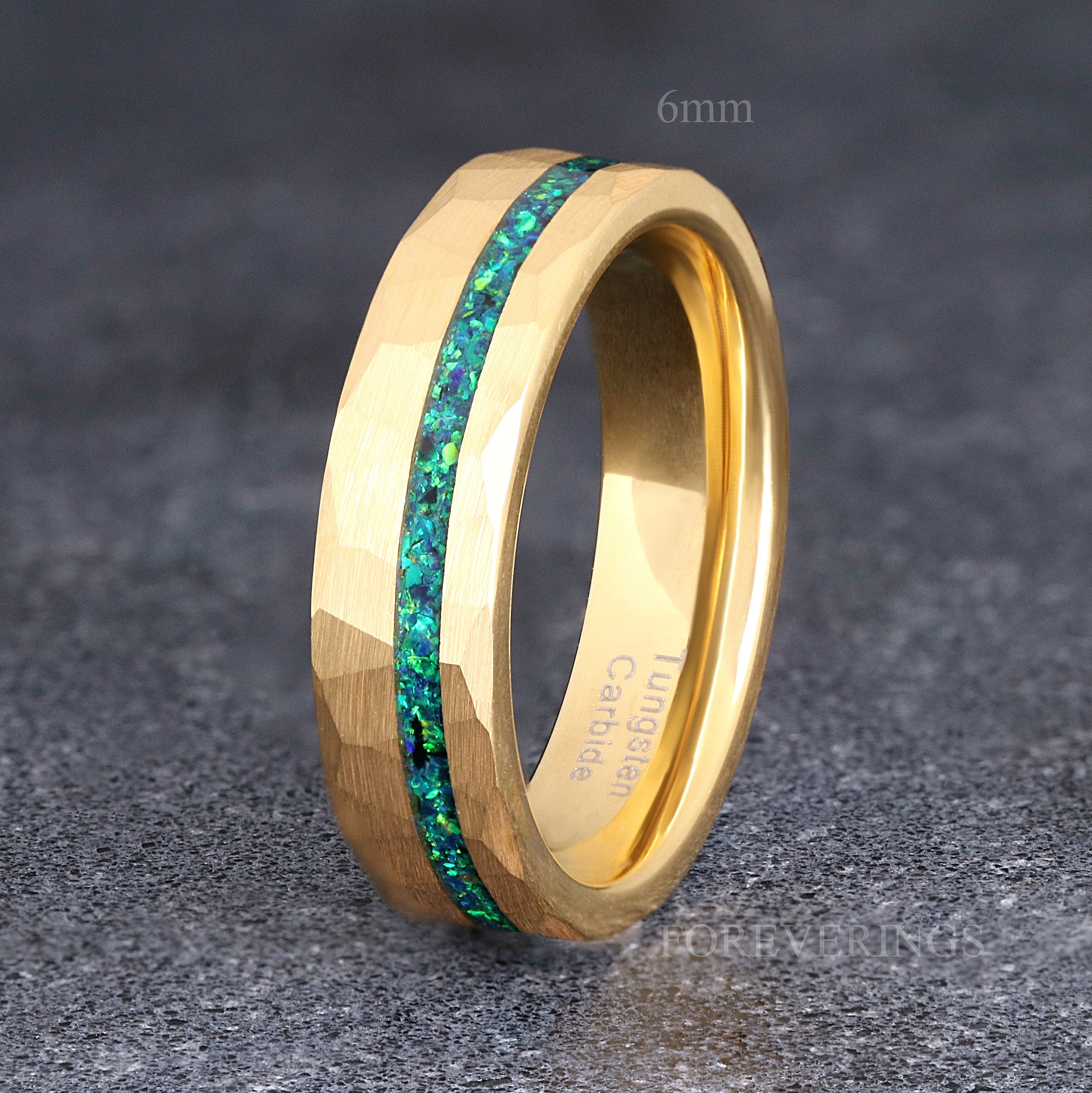 Mens Emerald Ring, Gold Wedding Band, Hammered Gold Tungsten Band, 8mm 6mm 4mm Emerald Coast Ring, Green Fire Opal, Brush Flat, Ring Engrave