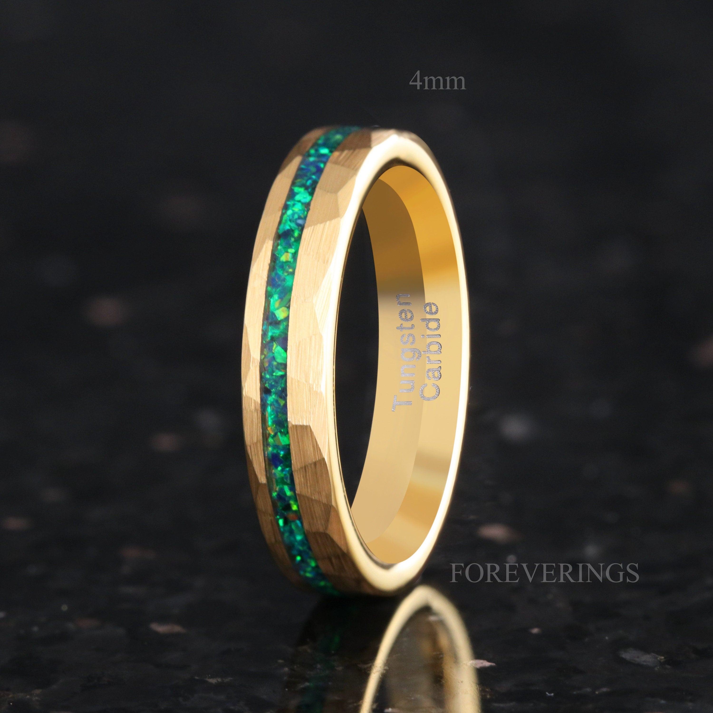 Mens Emerald Ring, Gold Wedding Band, Hammered Gold Tungsten Band, 8mm 6mm 4mm Emerald Coast Ring, Green Fire Opal, Brush Flat, Ring Engrave