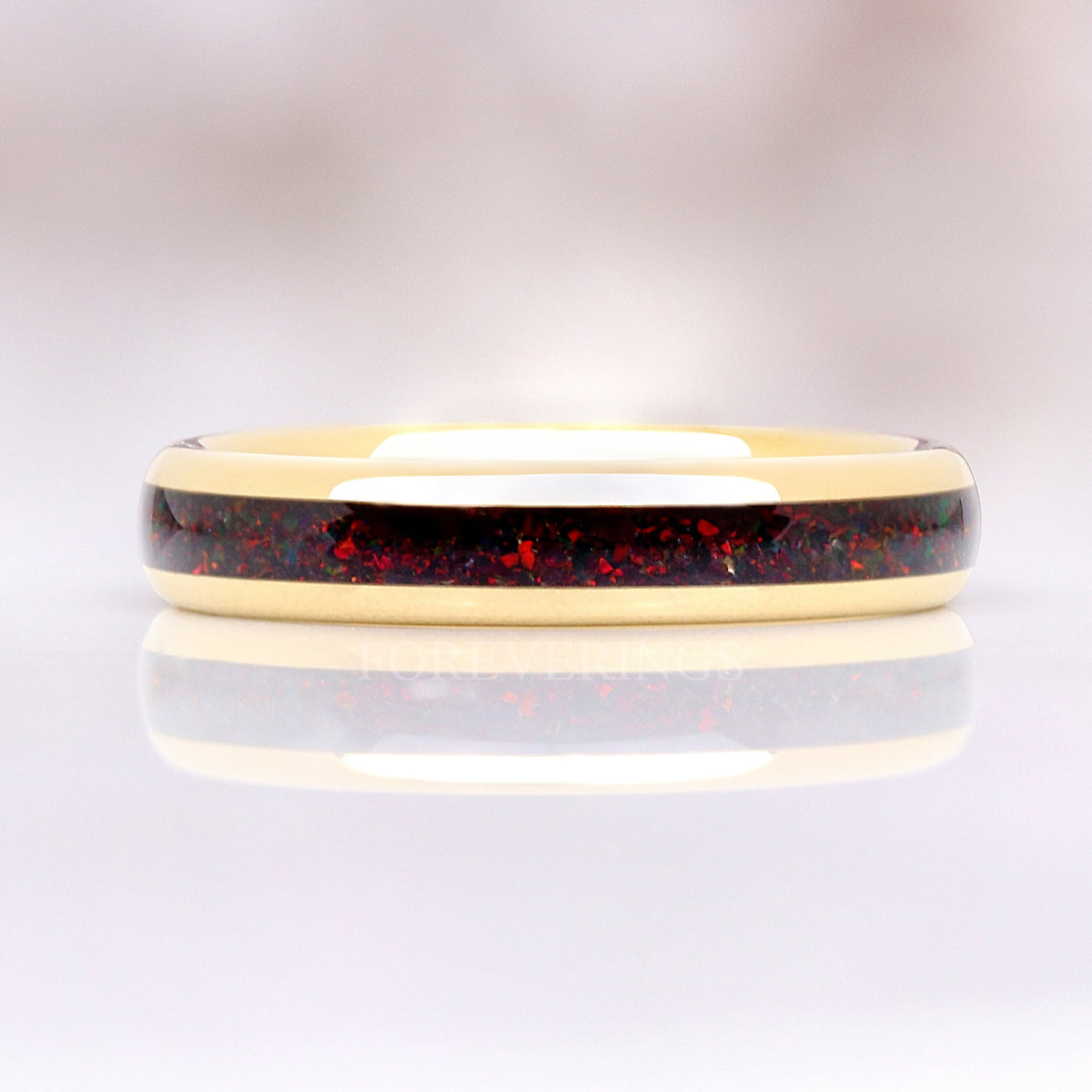 Crushed Black Fire Opal Ring | 4mm Gold Tungsten Band
