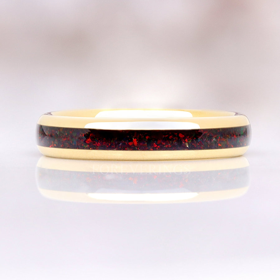 Crushed Black Fire Opal Ring | 4mm Gold Tungsten Band