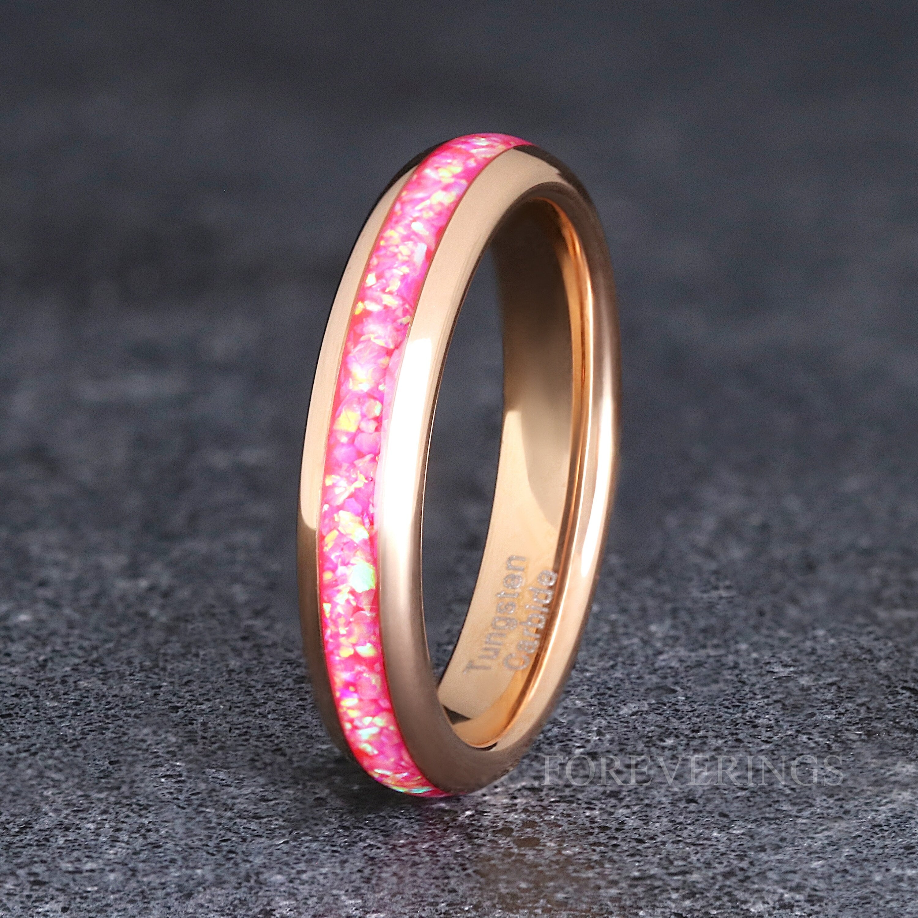 Pink Fire Opal Ring Rose Gold Tungsten Wedding Band, 4mm Women Men Ring, Rose Gold Band, Promise Ring for Her, Dome, Polish, Ring Engraving