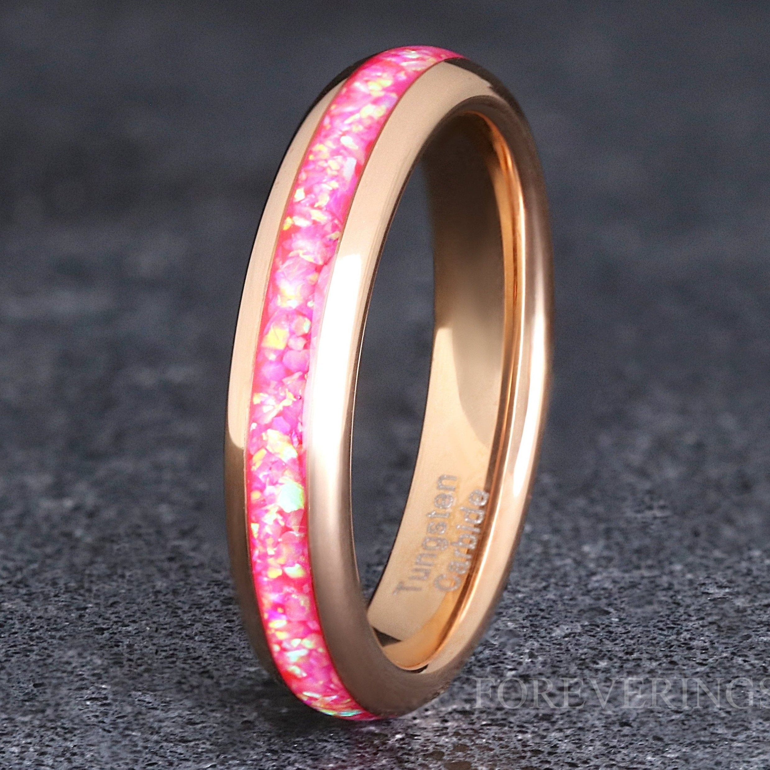 Pink Fire Opal Ring Rose Gold Tungsten Wedding Band, 4mm Women Men Ring, Rose Gold Band, Promise Ring for Her, Dome, Polish, Ring Engraving