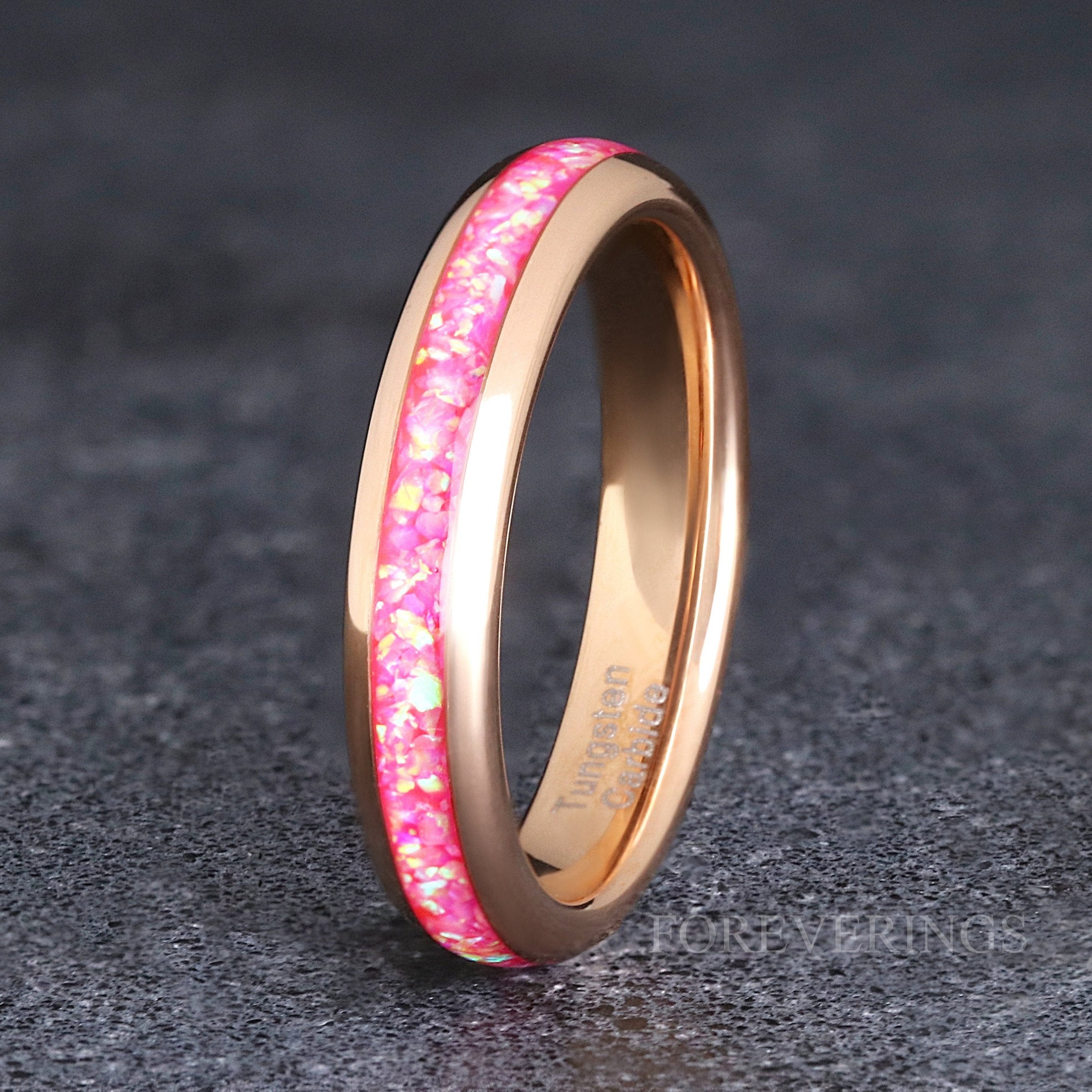 Pink Fire Opal Ring Rose Gold Tungsten Wedding Band, 4mm Women Men Ring, Rose Gold Band, Promise Ring for Her, Dome, Polish, Ring Engraving