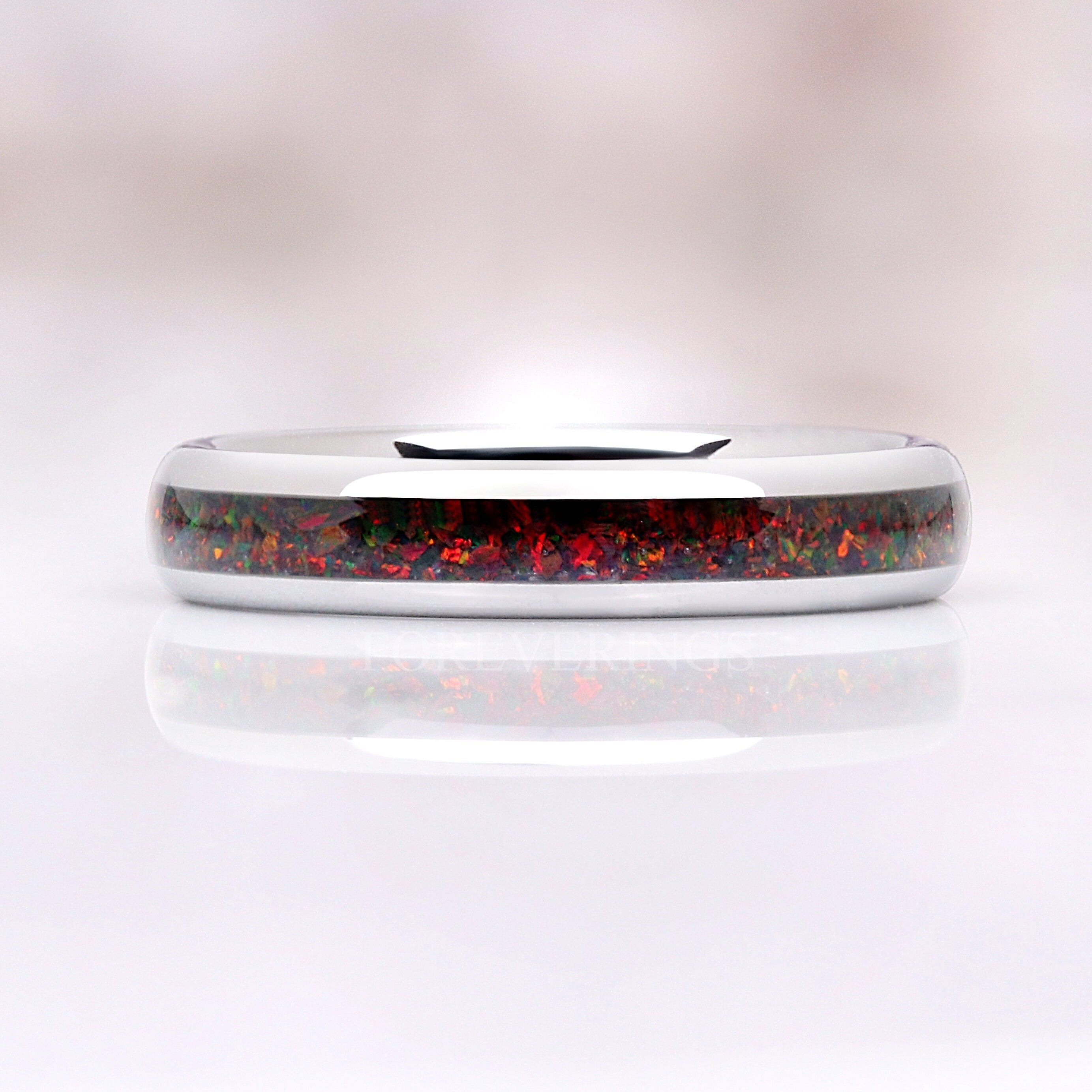 Black Fire Opal Ring Silver Tungsten Wedding Band, 4mm Silver Band, Crushed Black Opal Ring, Dome, Polish, Promise Ring, Ring Engraving