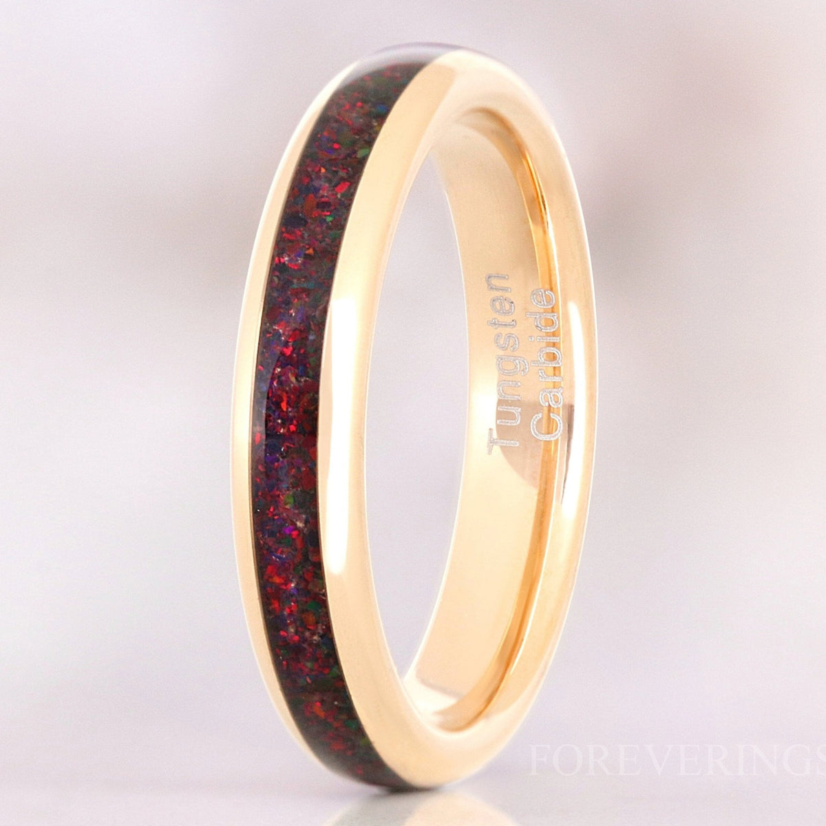 Black Fire Opal Ring Rose Gold Tungsten Wedding Band, 4mm Rose Gold Band, Crushed Black Opal Ring, Dome, Polish, Promise Ring, Ring Engrave