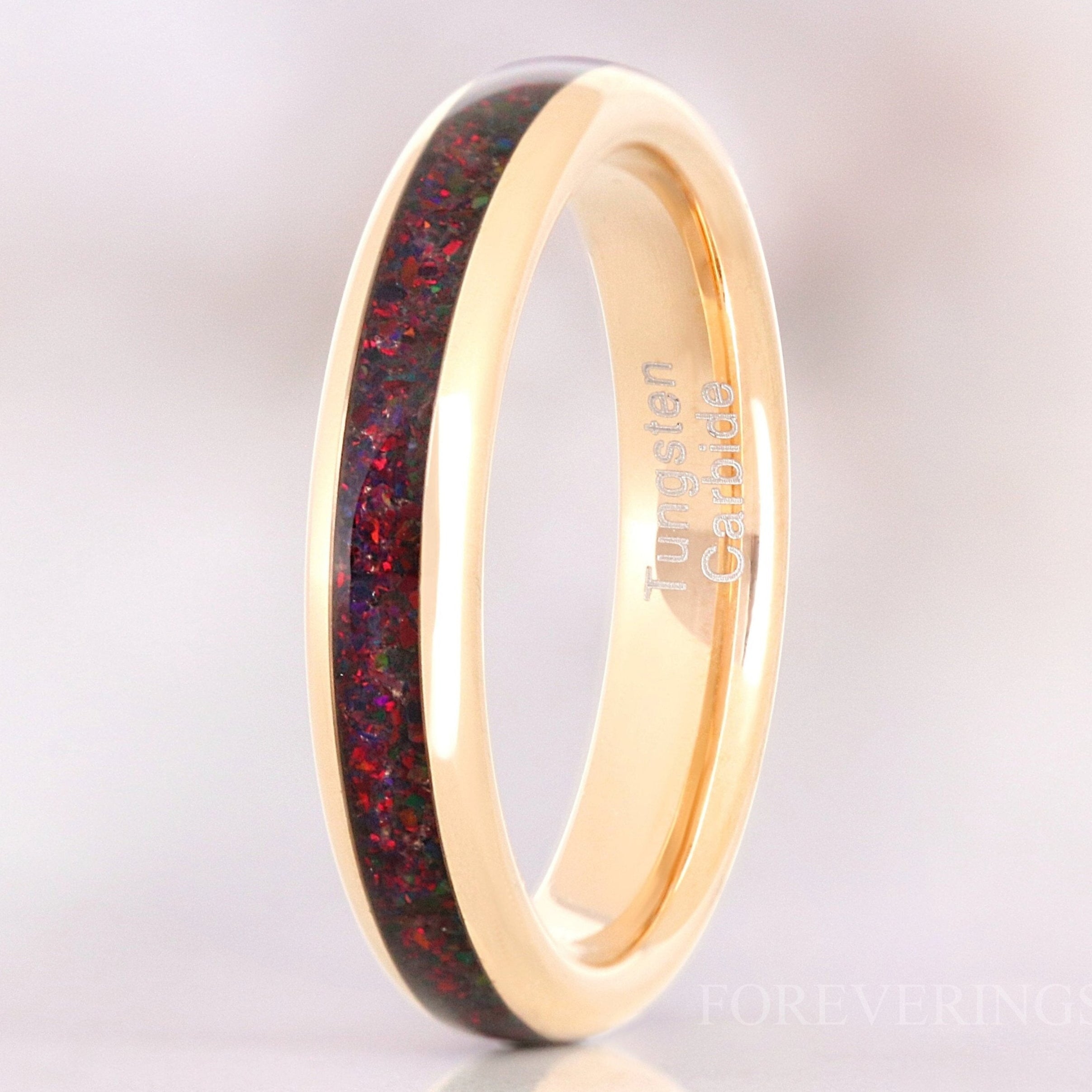 Black Fire Opal Ring Rose Gold Tungsten Wedding Band, 4mm Rose Gold Band, Crushed Black Opal Ring, Dome, Polish, Promise Ring, Ring Engrave