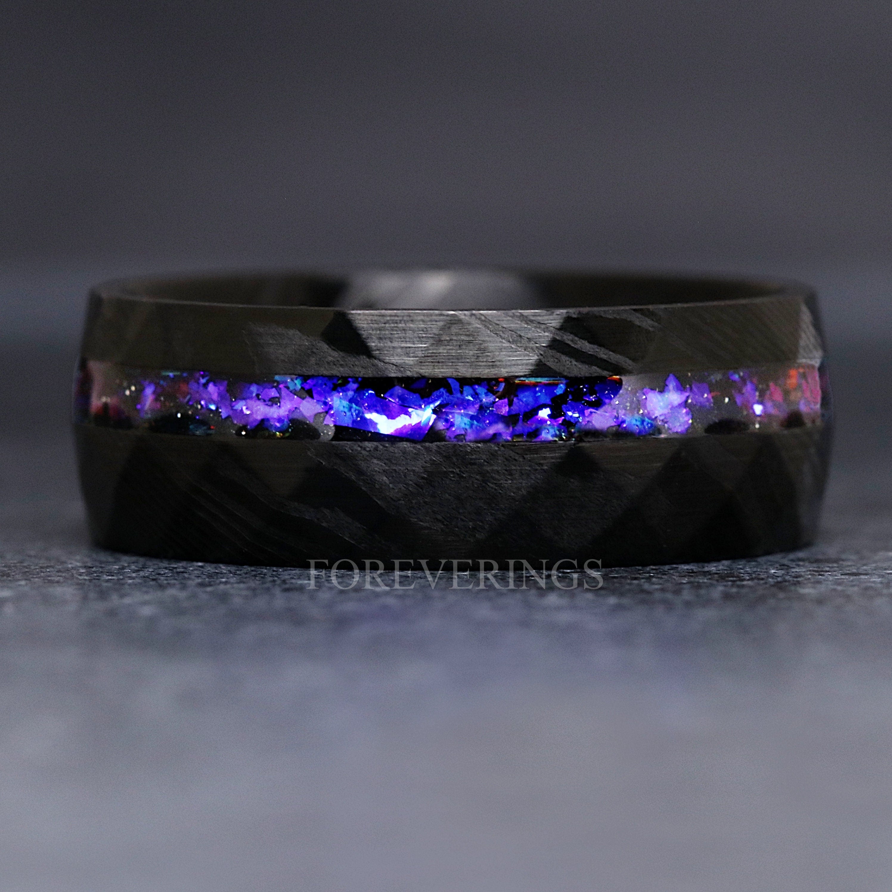 Black Damascus Ring Man, Orion Nebula Wedding Band, Man Facet Ring, Blue Nebula Ring, Hammered Space Ring, Stainless Steel, Ring Engraving