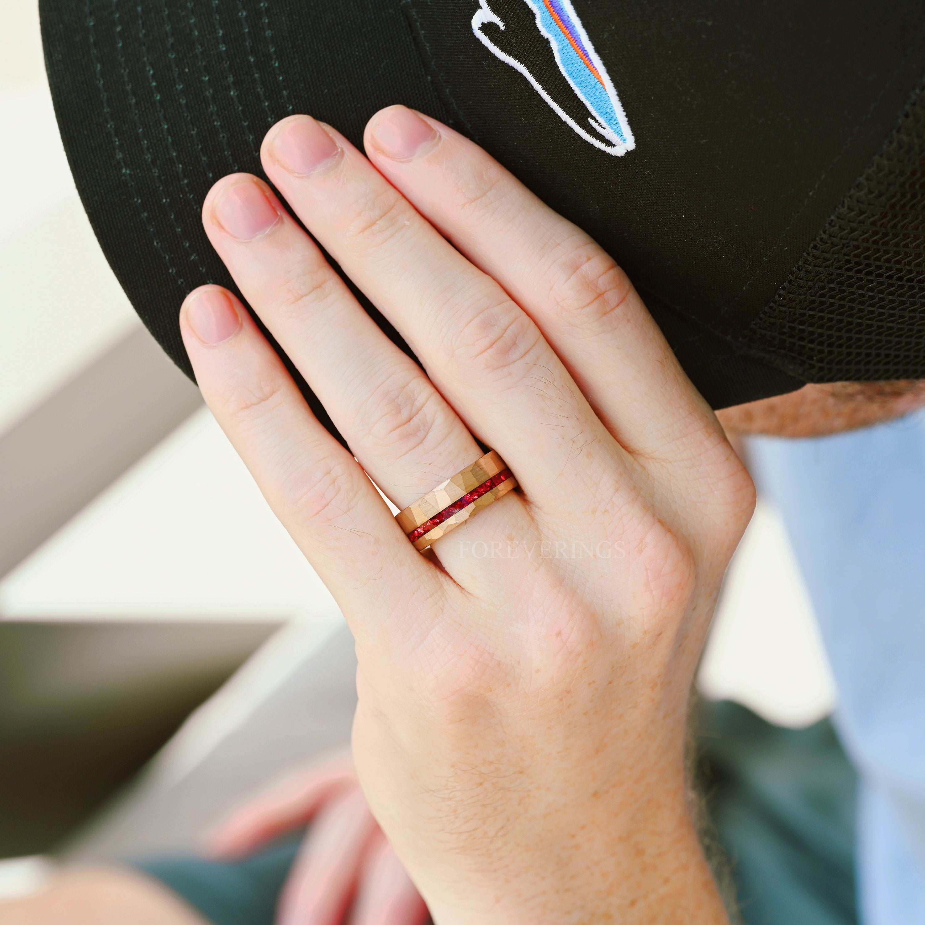 Rose Gold Ruby Ring Hammered Tungsten Band, Offset Crushed Red German Glass Stones, 8mm Mens Wedding Band, Matte Brushed, Ring Engraving