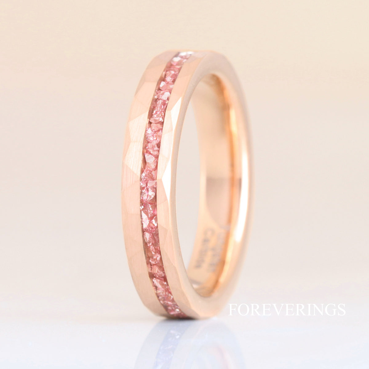Rose Gold Morganite Ring Set, His Her Wedding Band, Hammered Tungsten Ring Set, Promise Ring for Couple, 8mm & 4mm Glass Stone Ring, Engrave