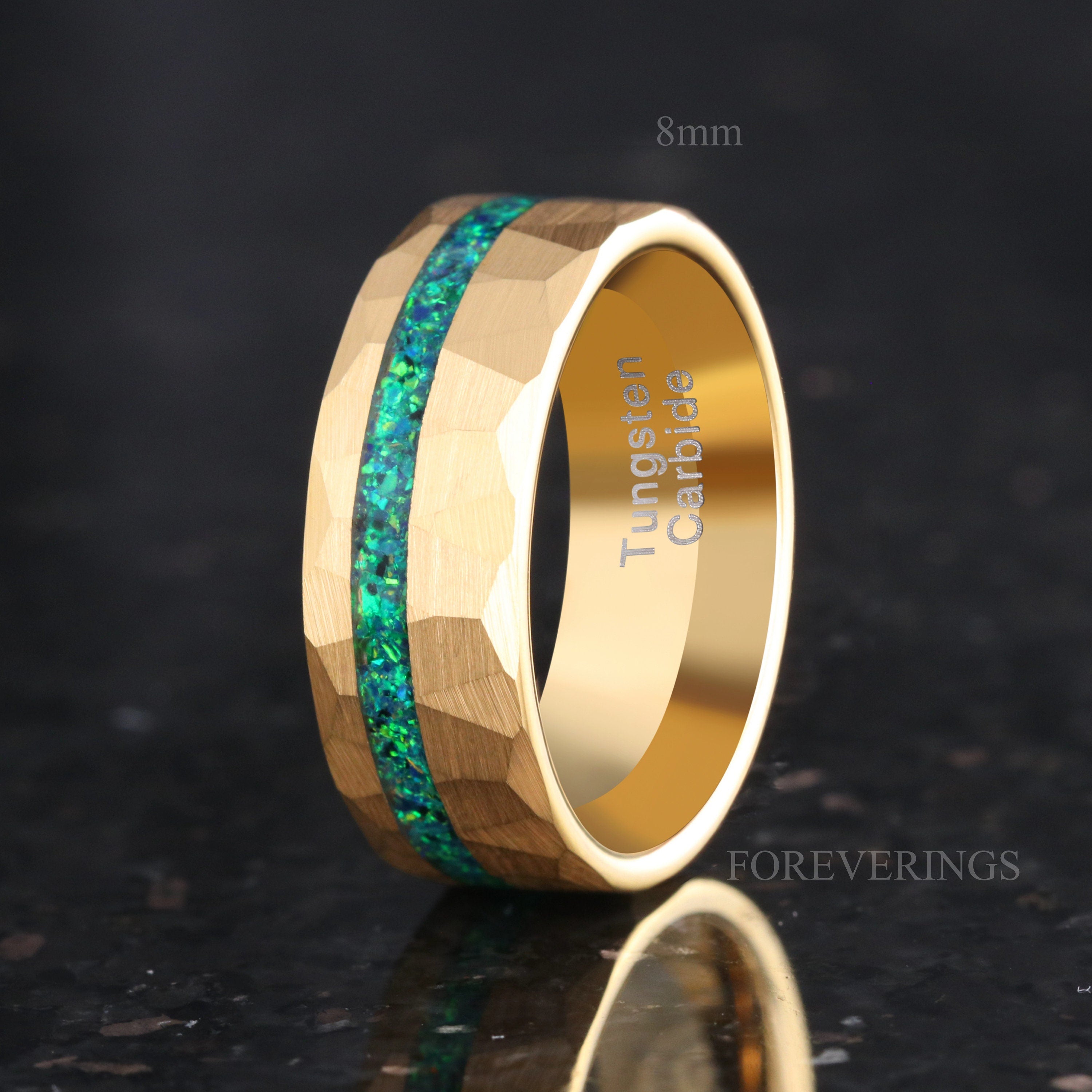 Mens Emerald Ring, Gold Wedding Band, Hammered Gold Tungsten Band, 8mm 6mm 4mm Emerald Coast Ring, Green Fire Opal, Brush Flat, Ring Engrave