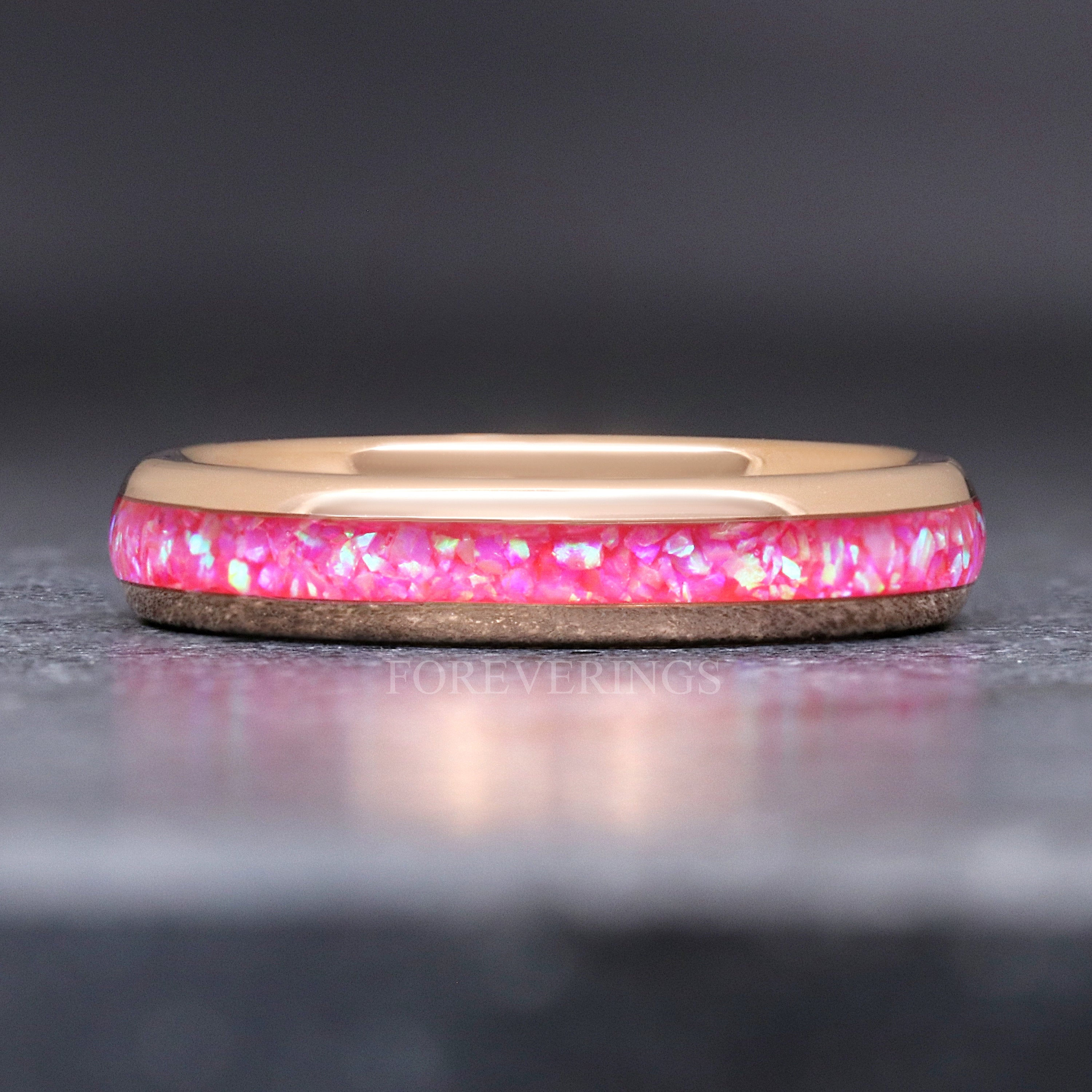 Pink Fire Opal Ring Rose Gold Tungsten Wedding Band, 4mm Women Men Ring, Rose Gold Band, Promise Ring for Her, Dome, Polish, Ring Engraving