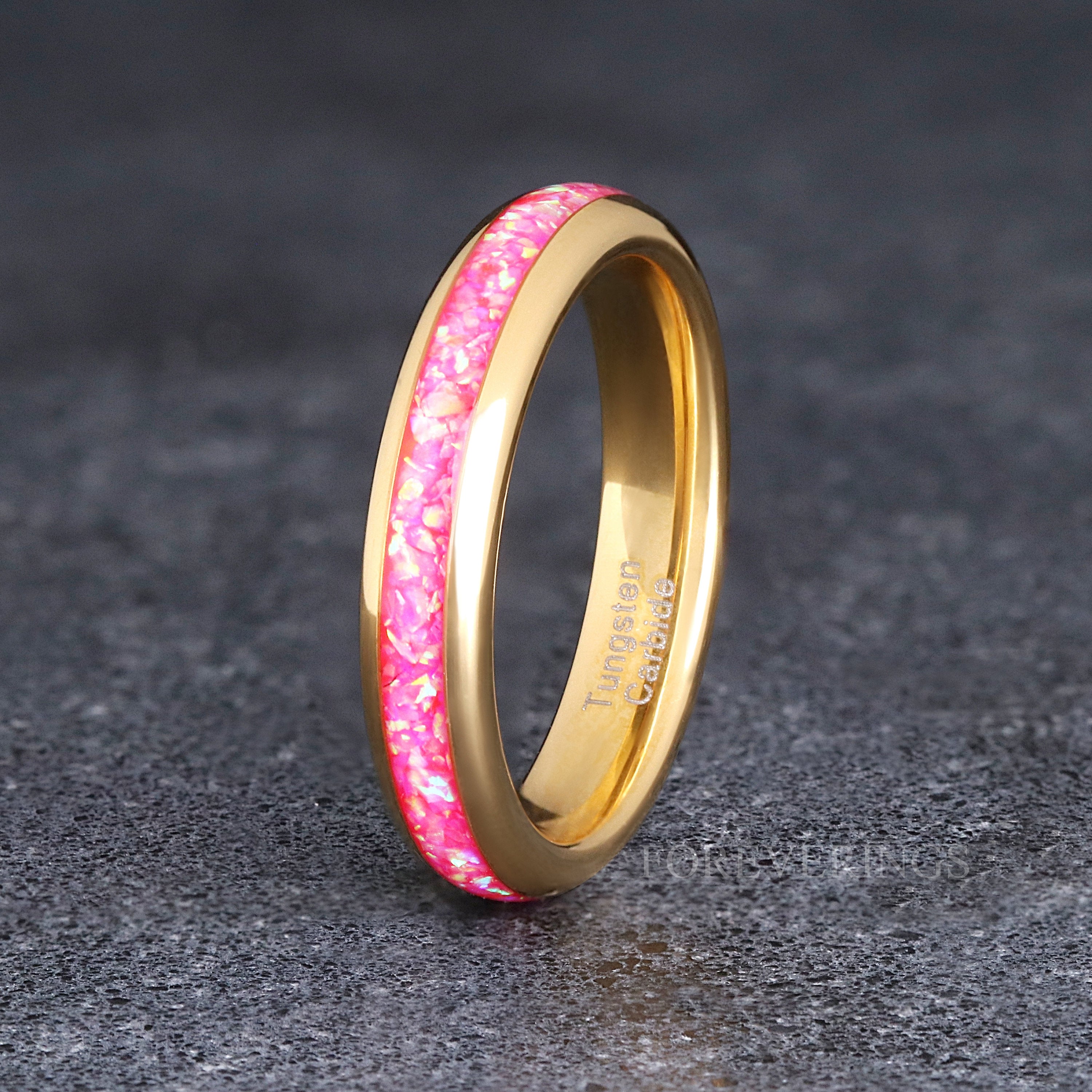 Pink Fire Opal Ring Gold Tungsten Wedding Band, 4mm Women Men Ring, Yellow Gold Band, Promise Ring for Her, Dome, Polish, Ring Engraving