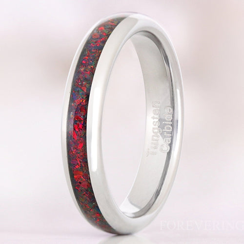 Black Fire Opal Ring Silver Tungsten Wedding Band, 4mm Silver Band, Crushed Black Opal Ring, Dome, Polish, Promise Ring, Ring Engraving