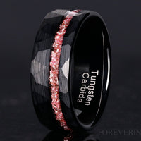 Morganite Black Hammered Tungsten Wedding Band, 8mm Man Engagement Ring, Crushed Morganite Glass Stone, Brushed, Offset Groove, Ring Engrave
