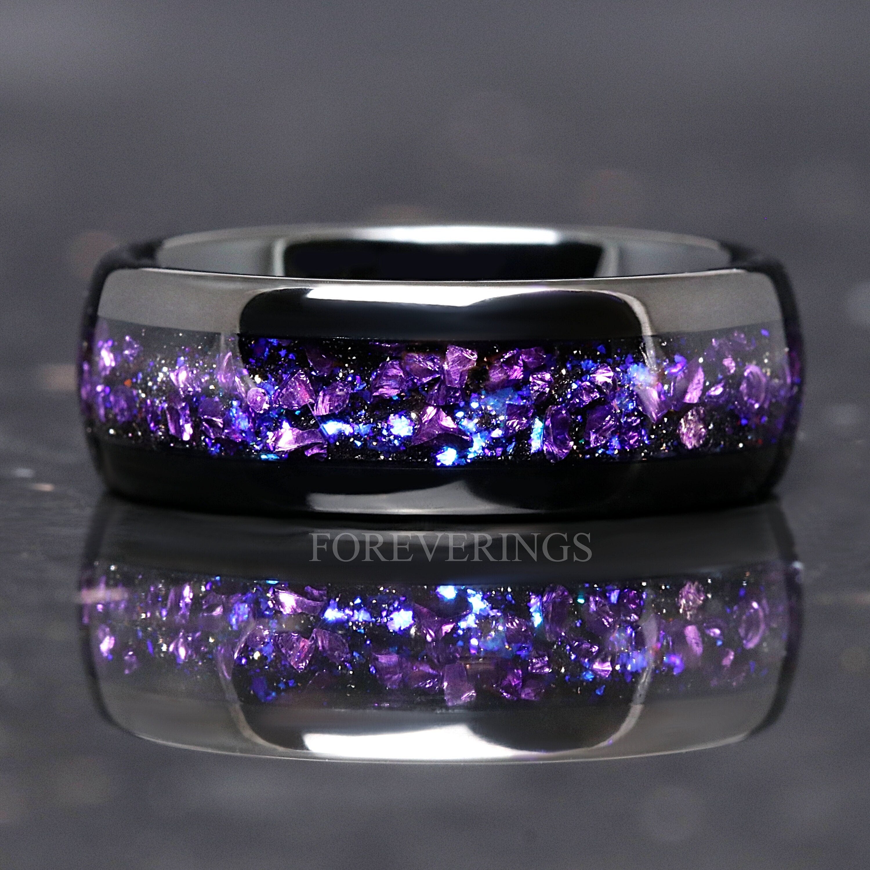 Crab Nebula Ring, Alexandrite Wedding Band, Black Tungsten, 8mm-6mm-4mm Outer Space Ring, Black, Dome, Polish, Unique Purple Ring, Engraving